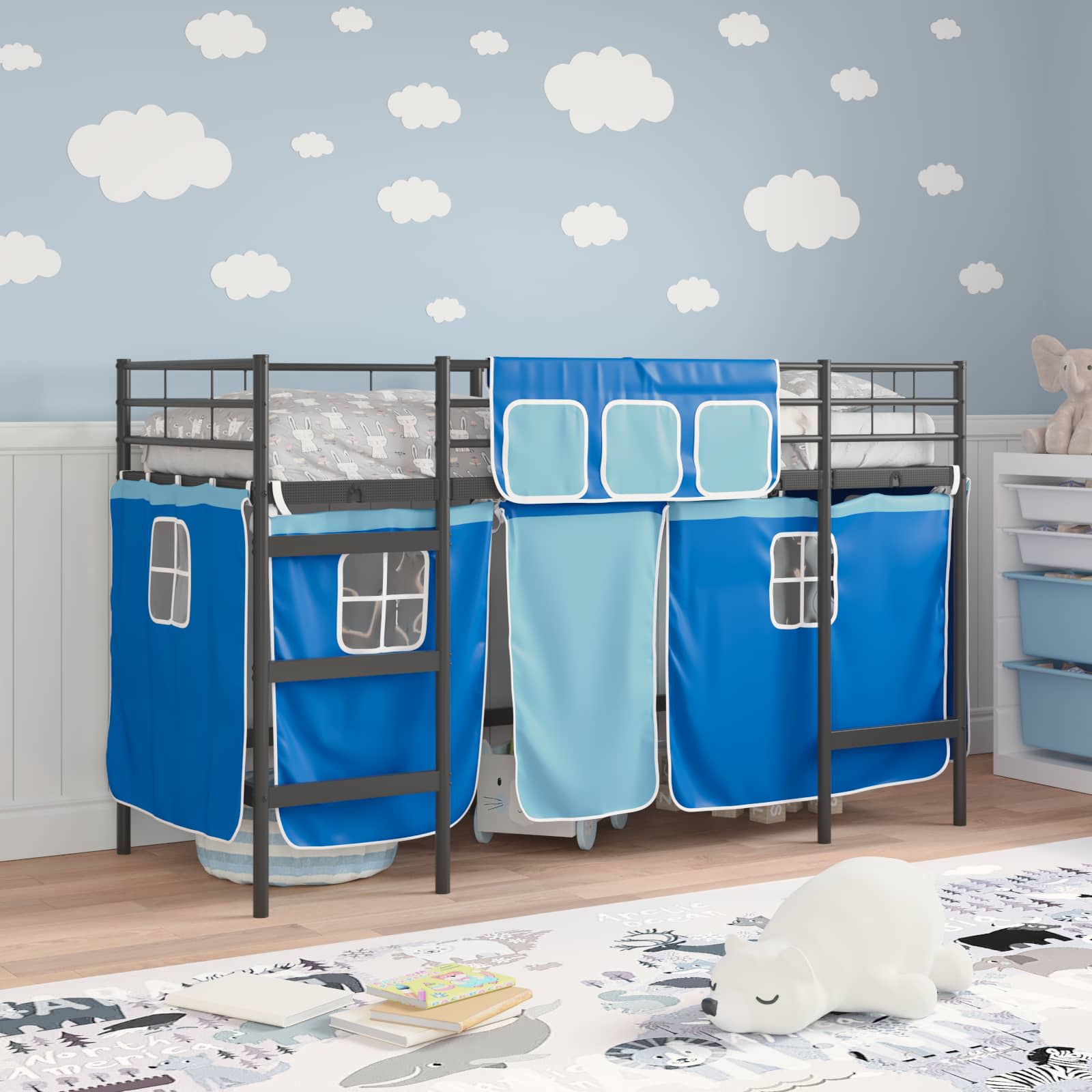 Etagenbett für Kinder mit Vorhängen Uni Schwarz und Blau