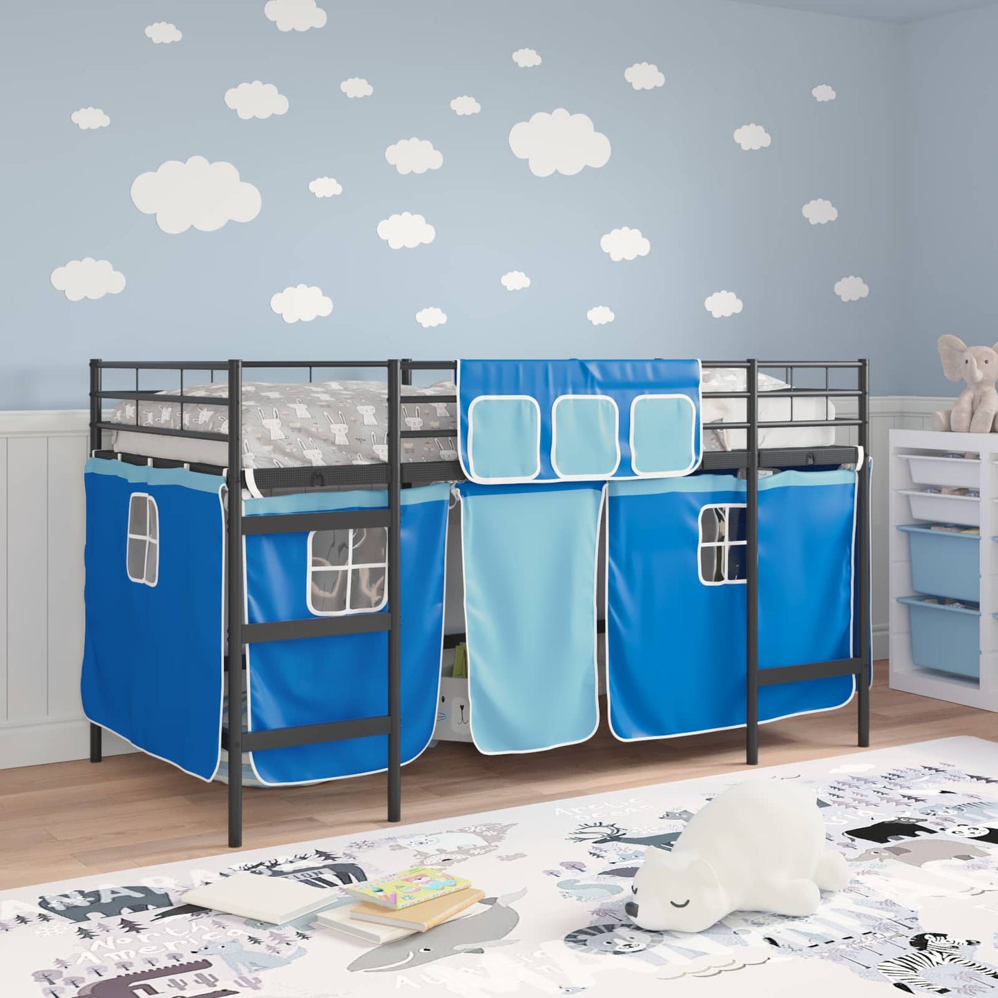 Etagenbett für Kinder mit Vorhängen Uni Schwarz und Blau