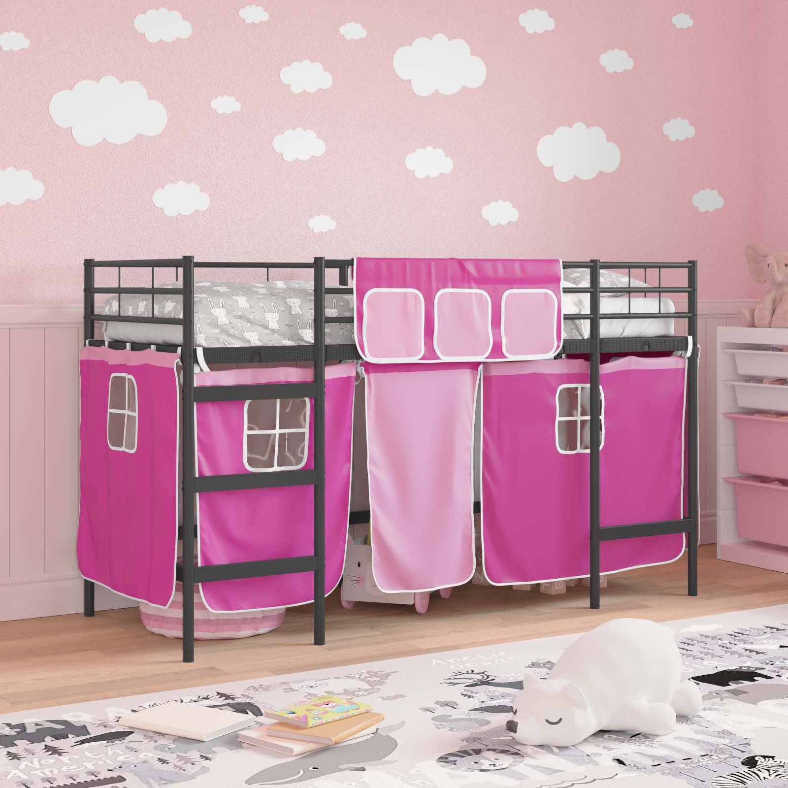 Etagenbett für Kinder mit Vorhängen Uni Schwarz und Pink