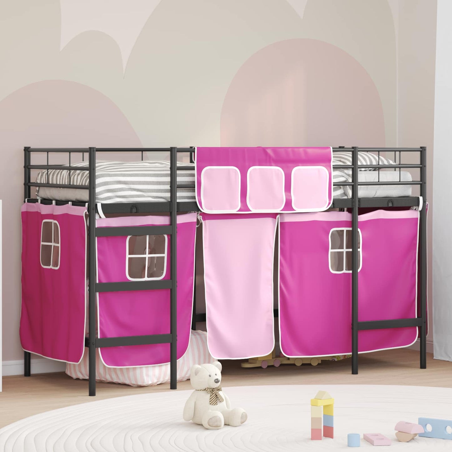 Etagenbett für Kinder mit Vorhängen Uni Schwarz und Pink