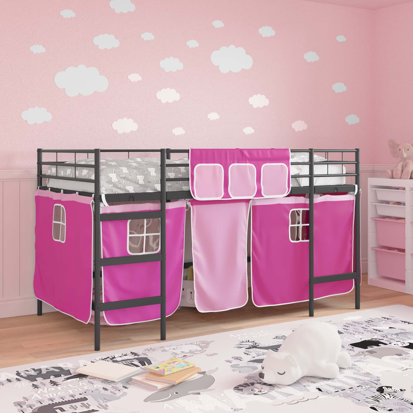 Etagenbett für Kinder mit Vorhängen Uni Schwarz und Pink