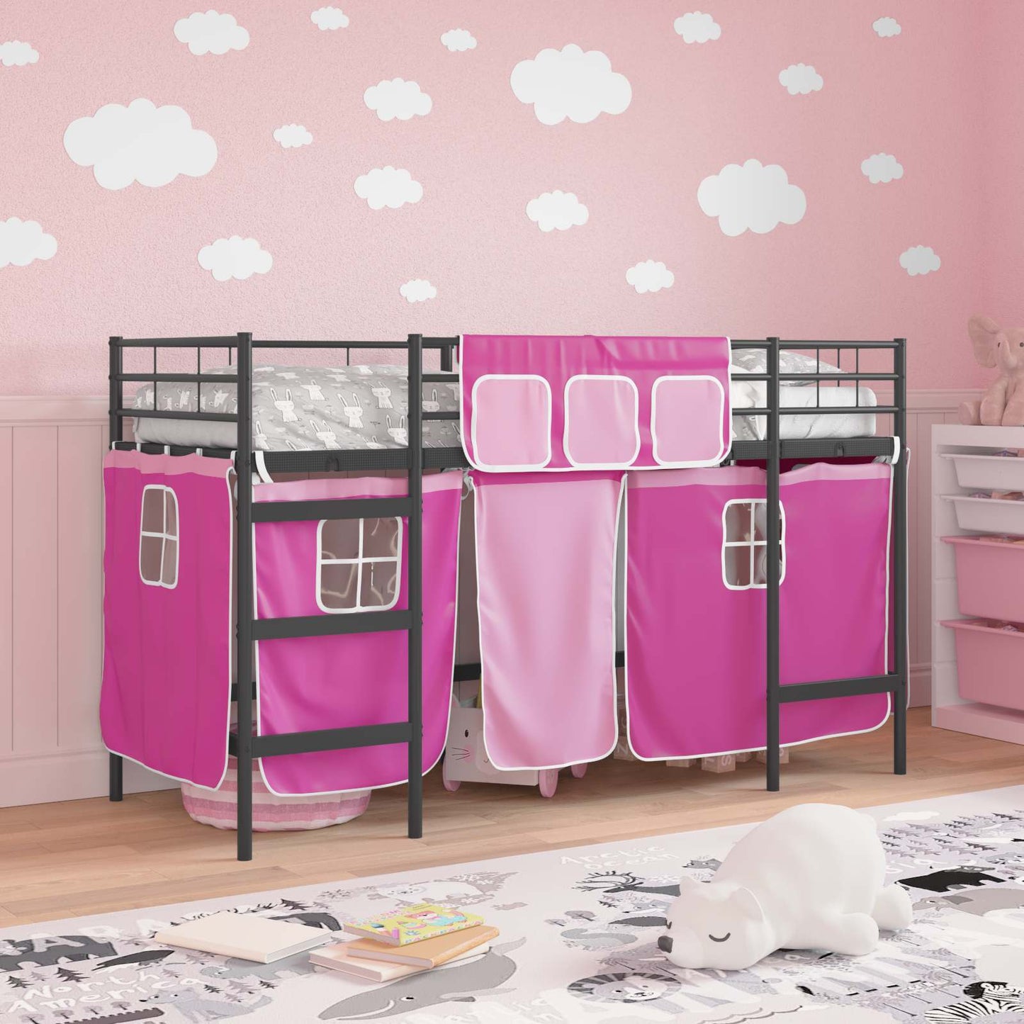 Etagenbett für Kinder mit Vorhängen Uni Schwarz und Pink