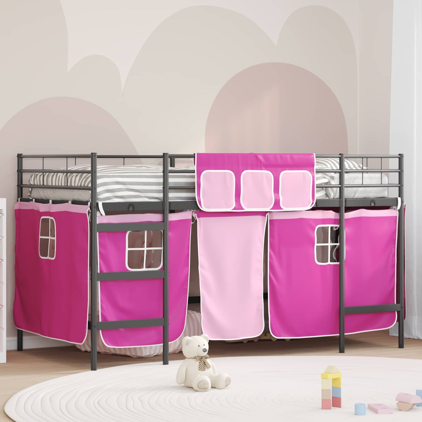 Etagenbett für Kinder mit Vorhängen Uni Schwarz und Pink