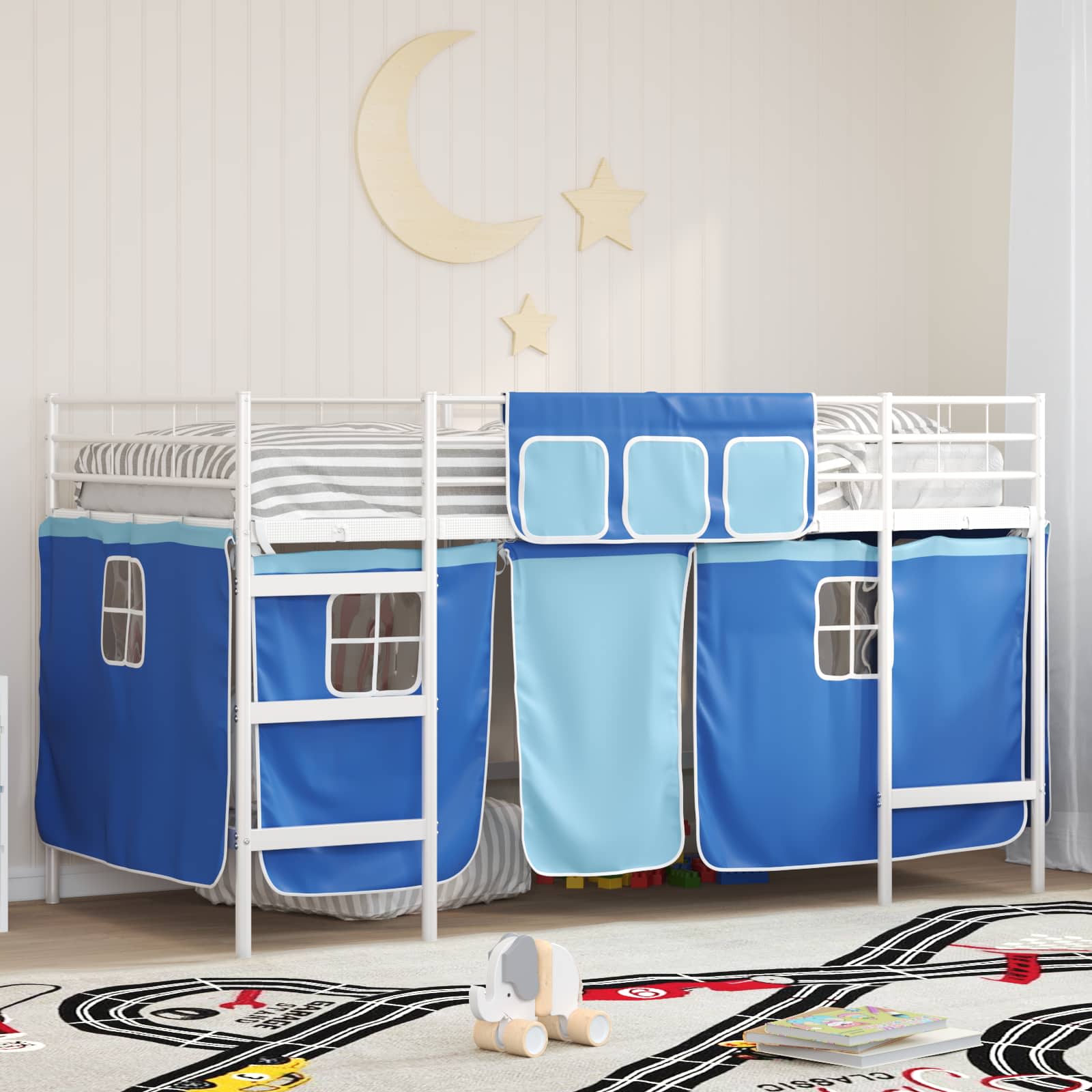 Etagenbett für Kinder mit Vorhängen Weiß und Blau 80 x 200 cm