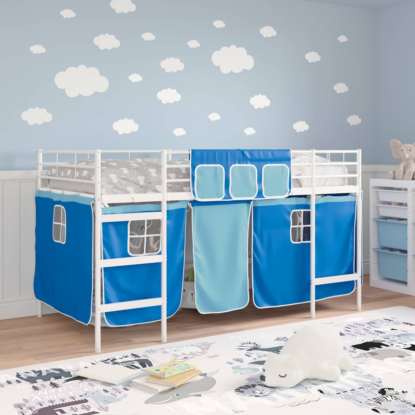 Etagenbett für Kinder mit Vorhängen Weiß und Blau 80 x 200 cm