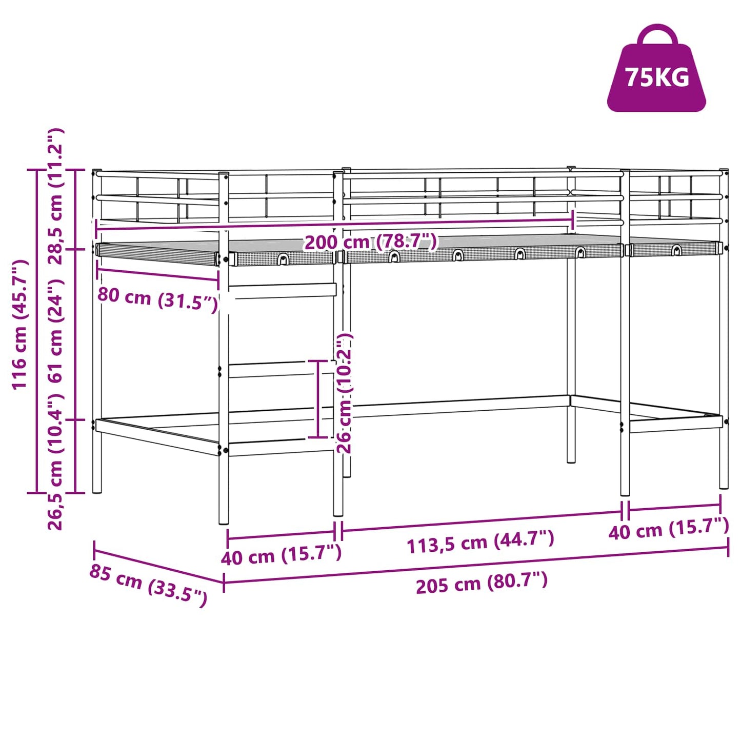 Etagenbett für Kinder mit Vorhängen Weiß und Blau 80 x 200 cm