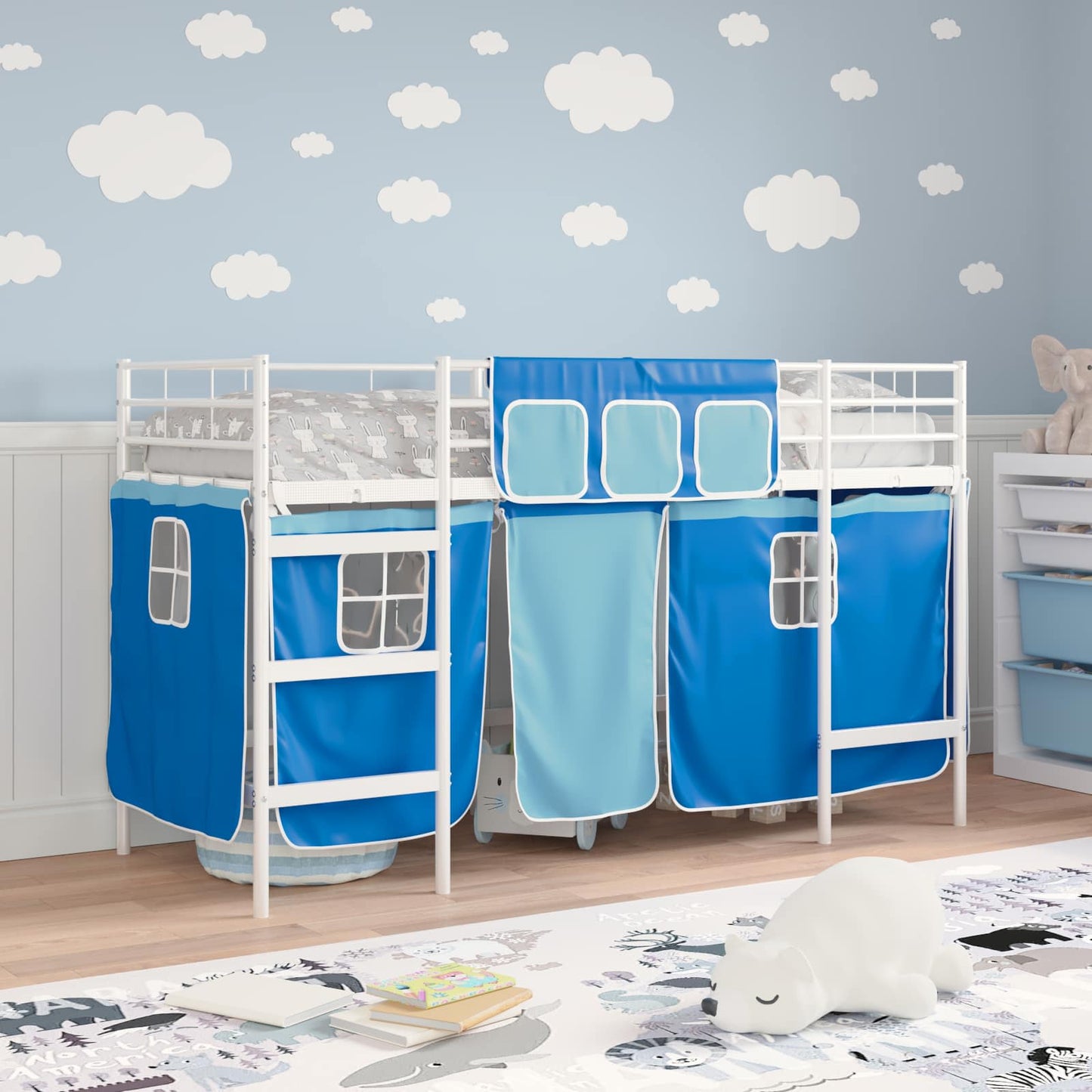 Etagenbett für Kinder mit Vorhängen Weiß und Blau 90 x 190 cm