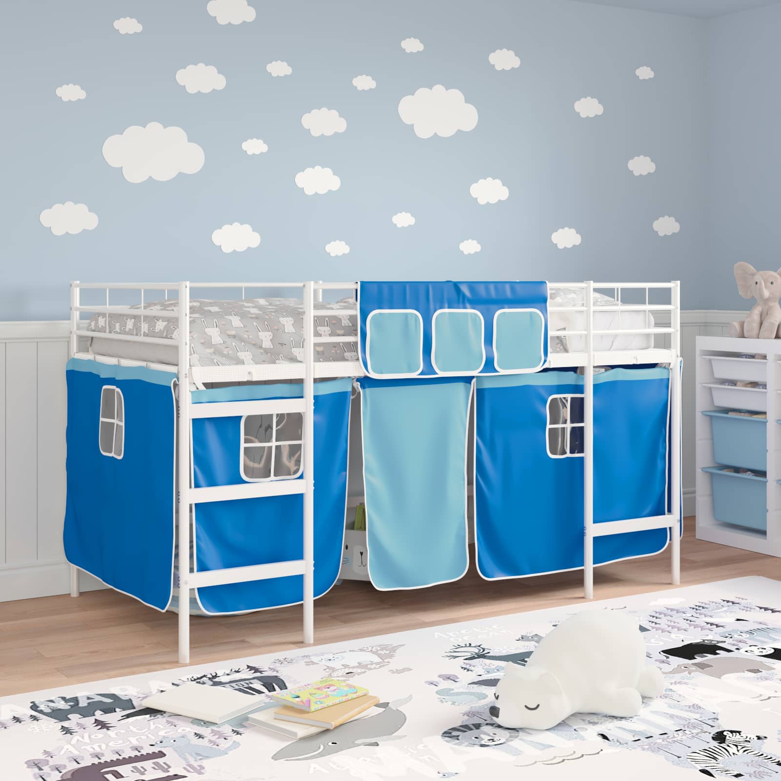 Etagenbett für Kinder mit Vorhängen Weiß und Blau 90 x 200 cm