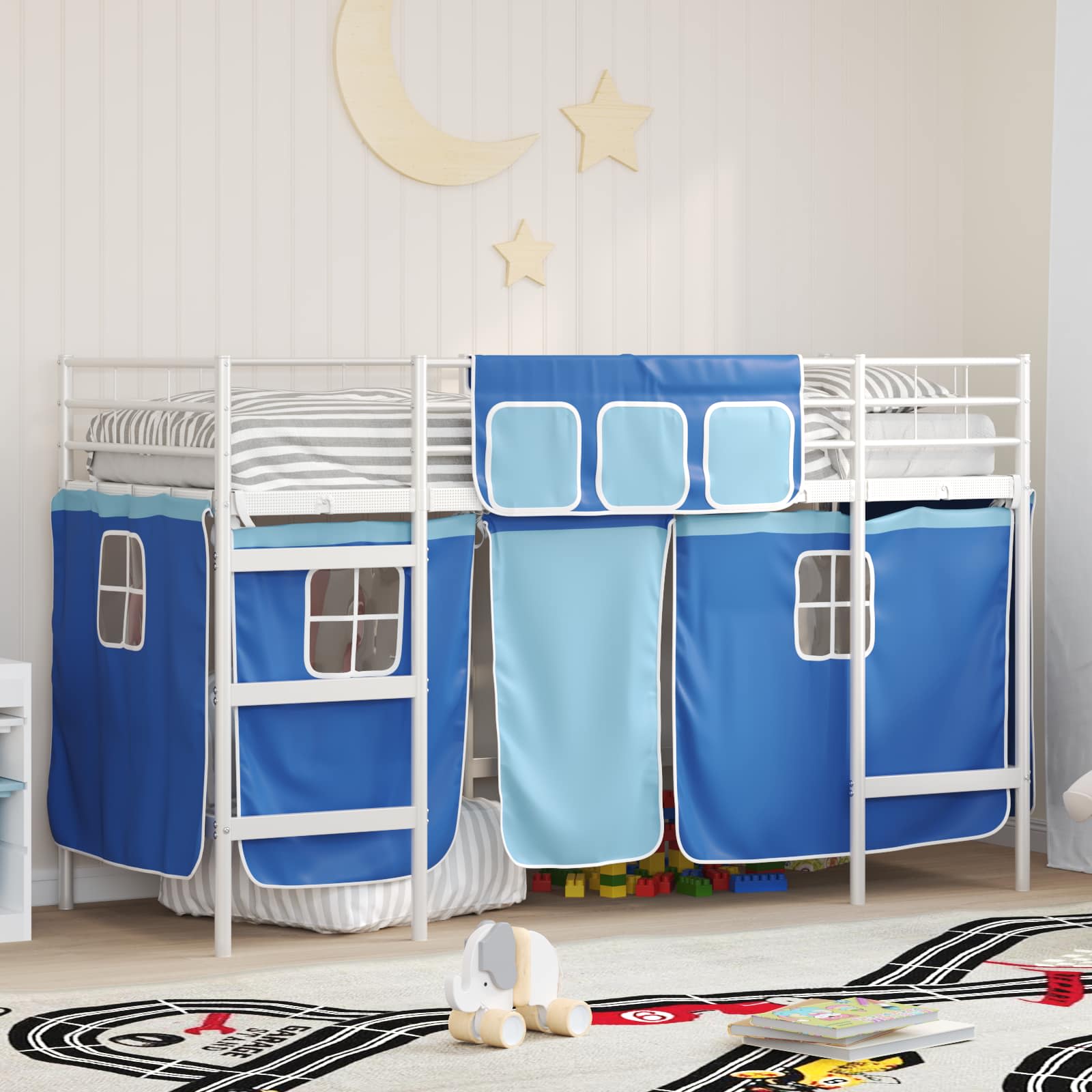 Etagenbett für Kinder mit Vorhängen Weiß und Blau 100 x 190 cm