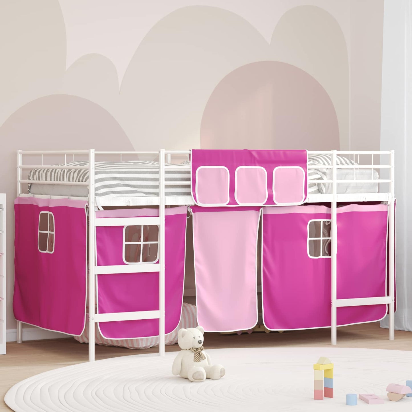 Etagenbett für Kinder mit Vorhängen Weiß und Rosa 80 x 200 cm