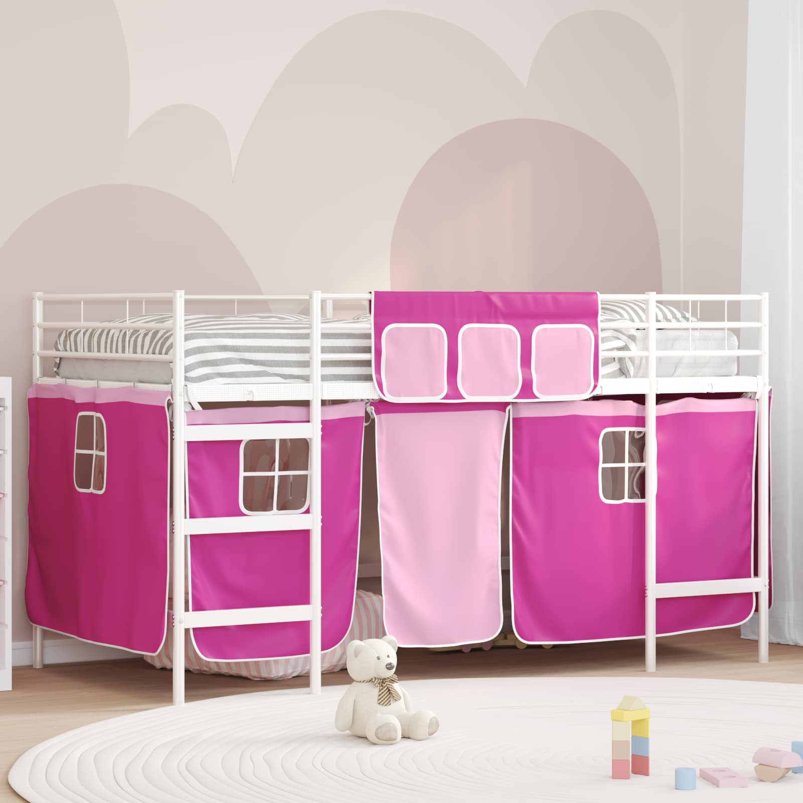 Etagenbett für Kinder mit Vorhängen Weiß und Rosa 80 x 200 cm