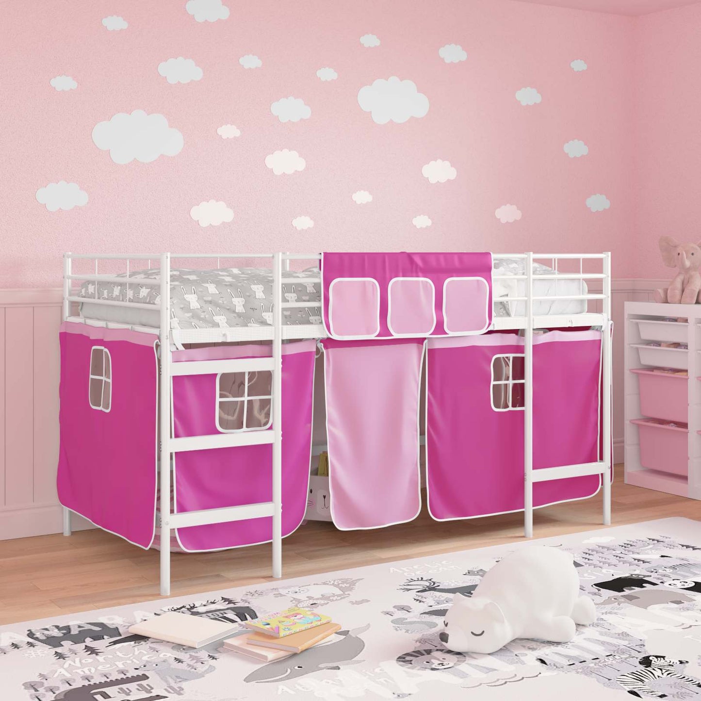 Etagenbett für Kinder mit Vorhängen Weiß und Rosa 80 x 200 cm