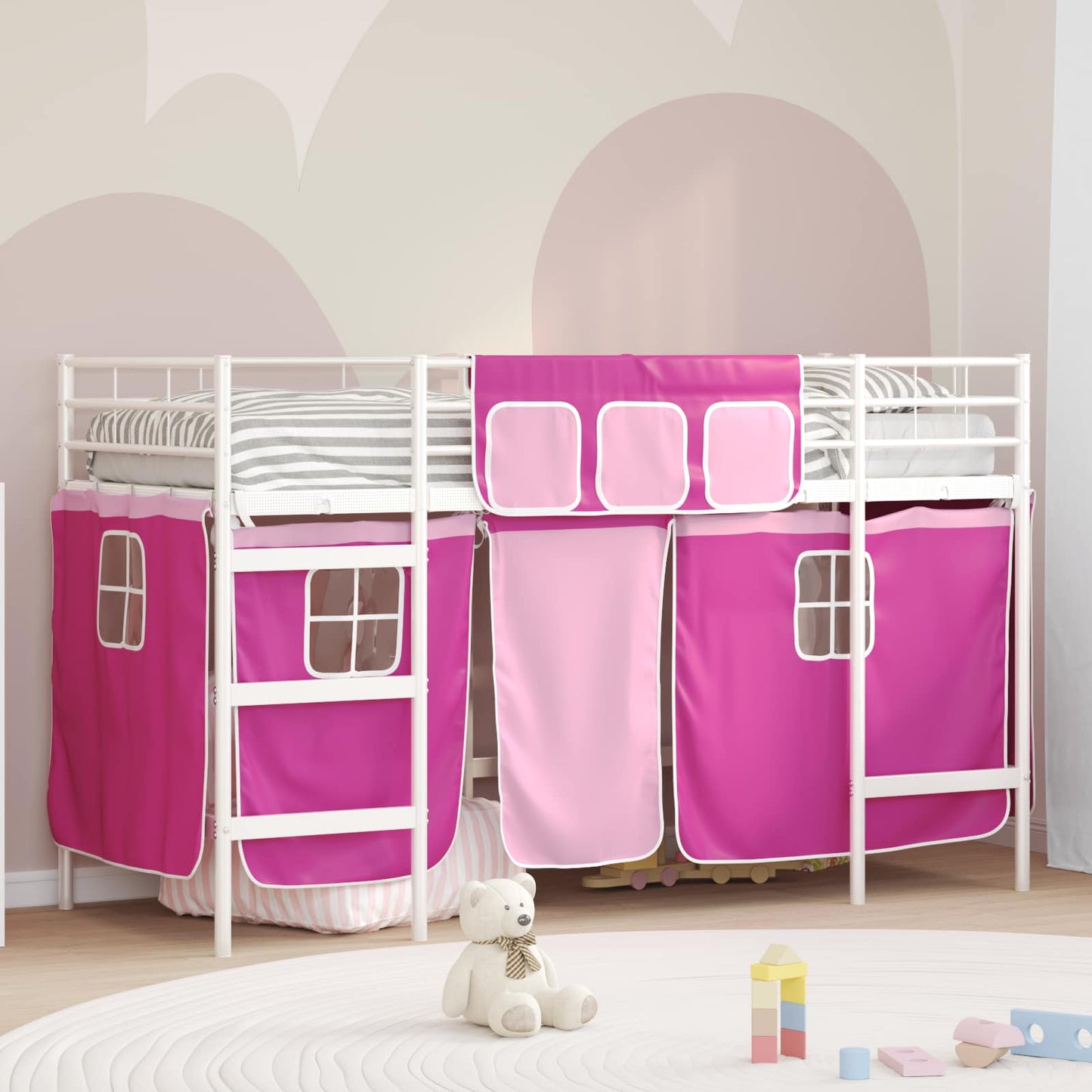 Etagenbett für Kinder mit Vorhängen Weiß und Rosa 90 x 190 cm