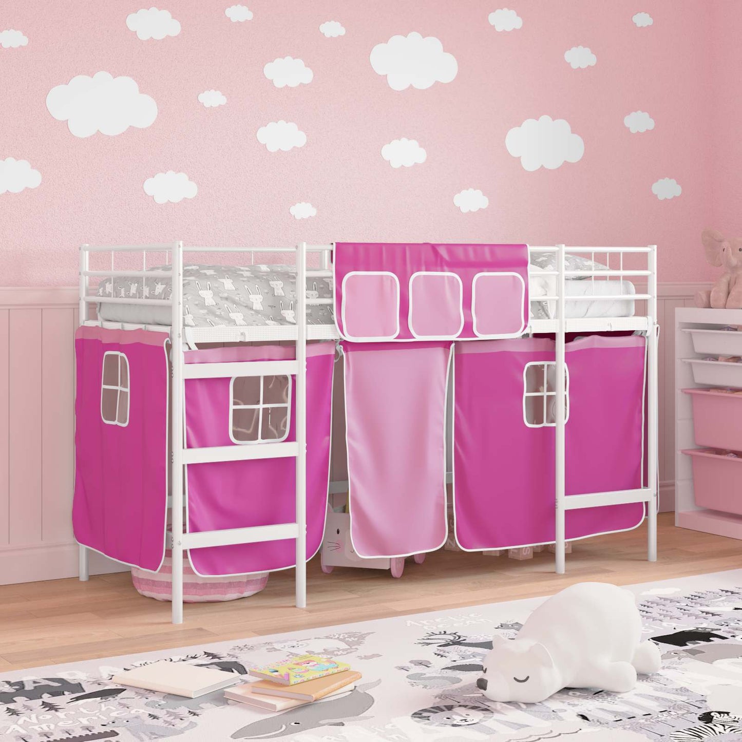 Etagenbett für Kinder mit Vorhängen Weiß und Rosa 90 x 190 cm