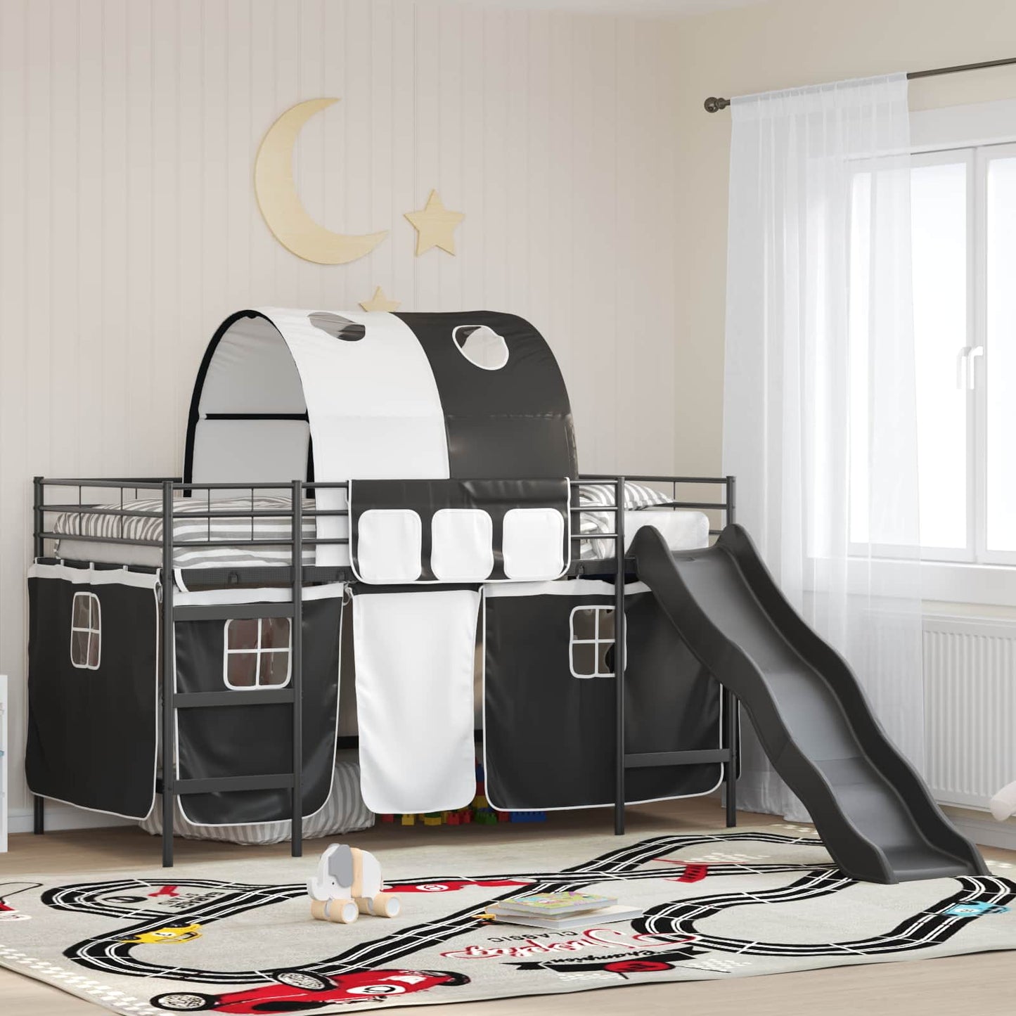 Etagenbett für Kinder mit Vorhängen Schwarz 90 x 200 cm Metall