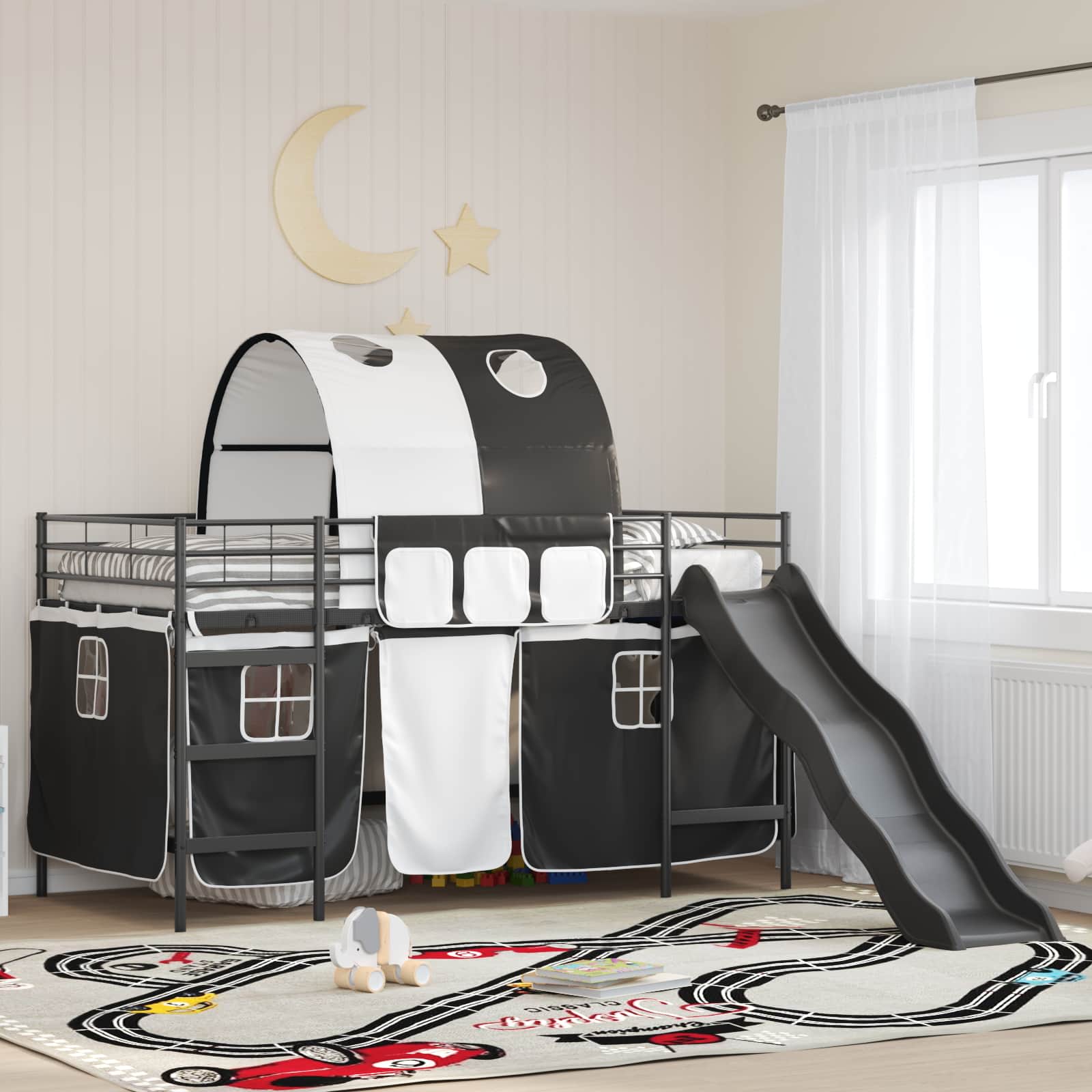 Etagenbett für Kinder mit Vorhängen Schwarz 90 x 200 cm Metall