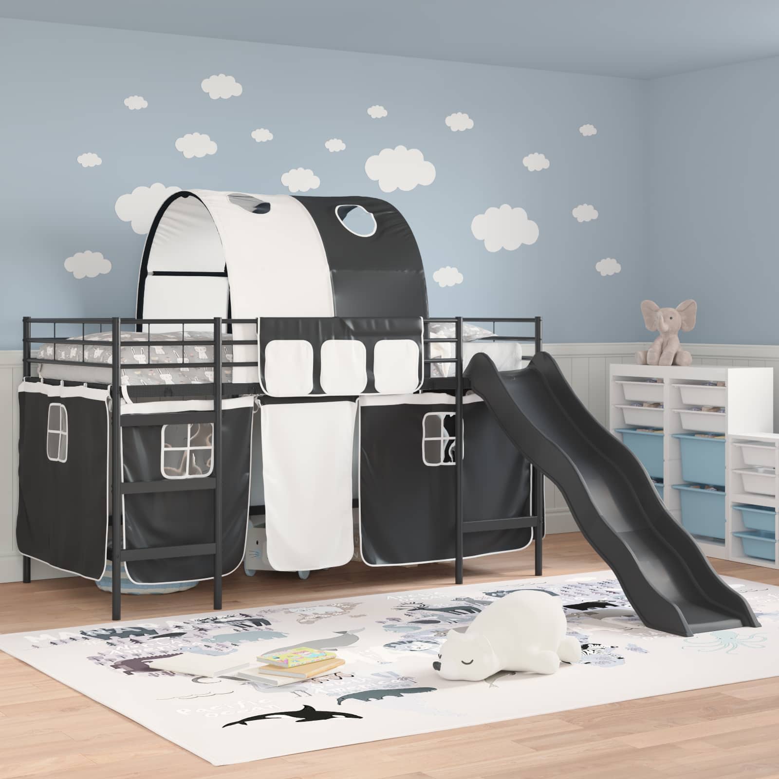 Etagenbett für Kinder mit Vorhängen Schwarz 90 x 200 cm Metall