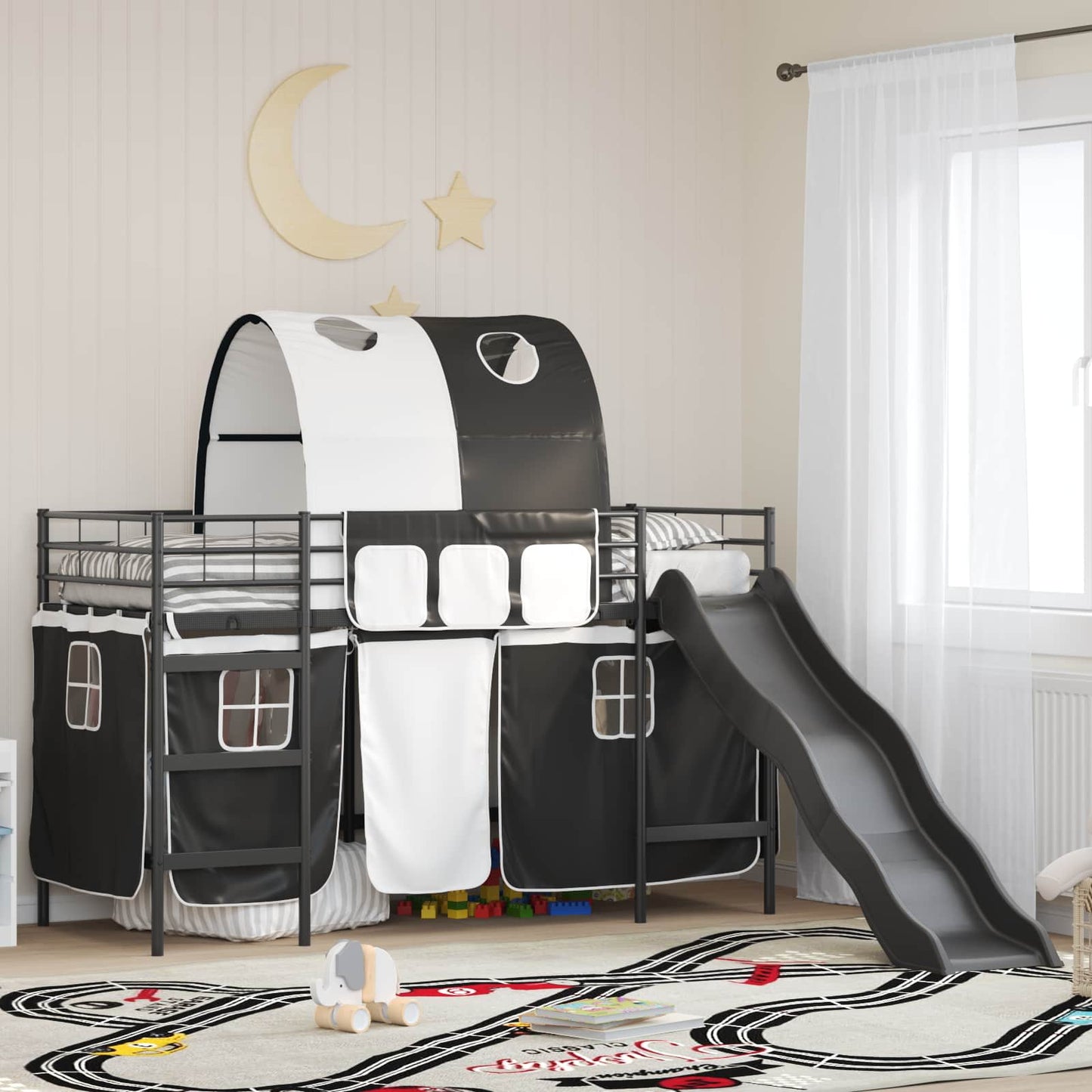 Etagenbett für Kinder mit Vorhängen Schwarz 100 x 190 cm Metall