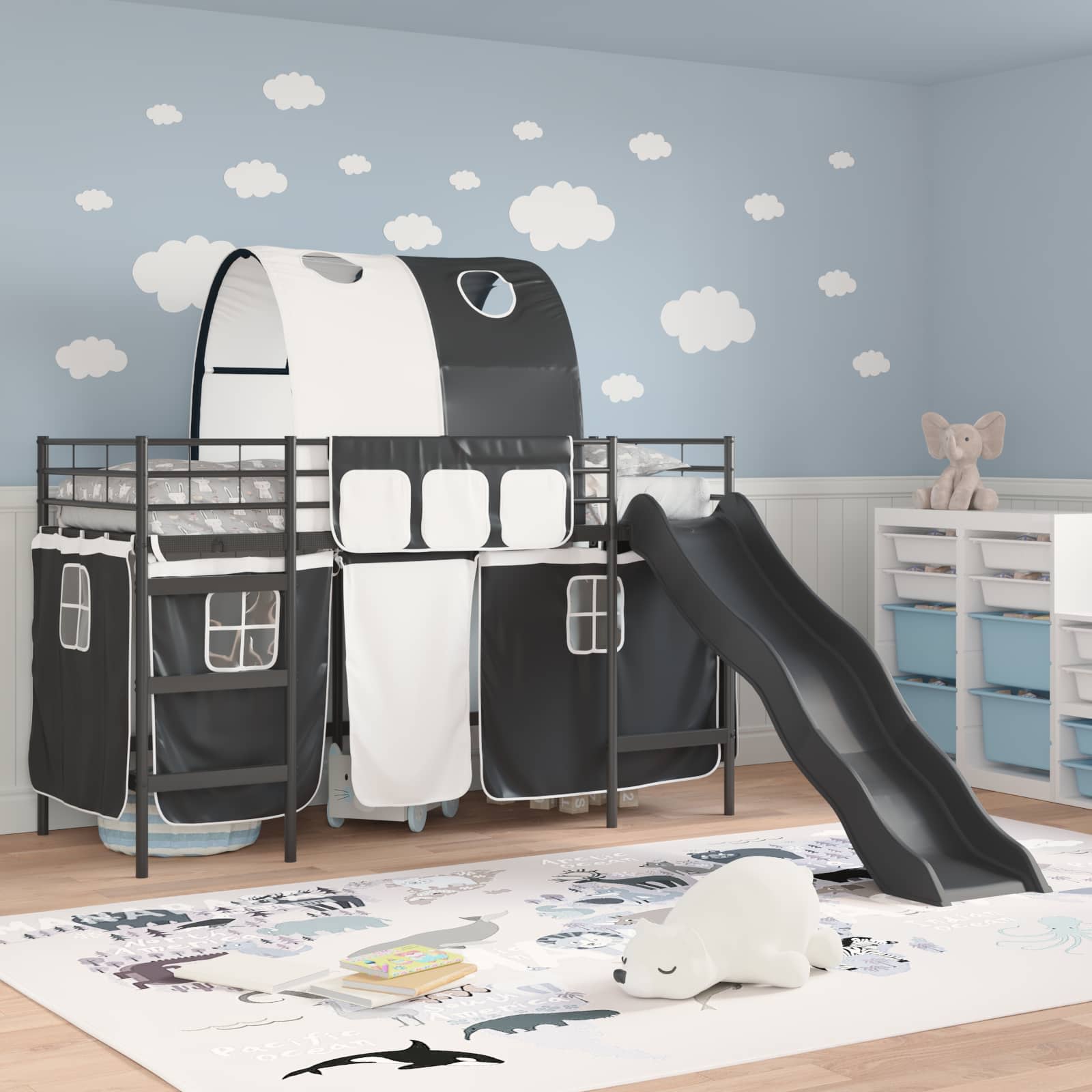 Etagenbett für Kinder mit Vorhängen Schwarz 100 x 190 cm Metall