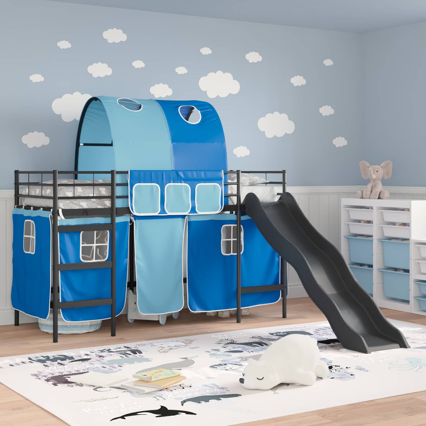 Etagenbett für Kinder mit Vorhängen Uni Schwarz und Blau Metall