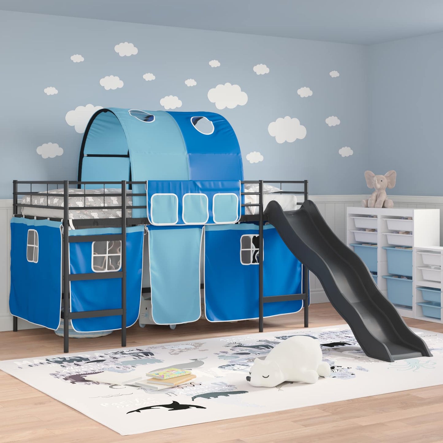 Etagenbett für Kinder mit Vorhängen Uni Schwarz und Blau Metall