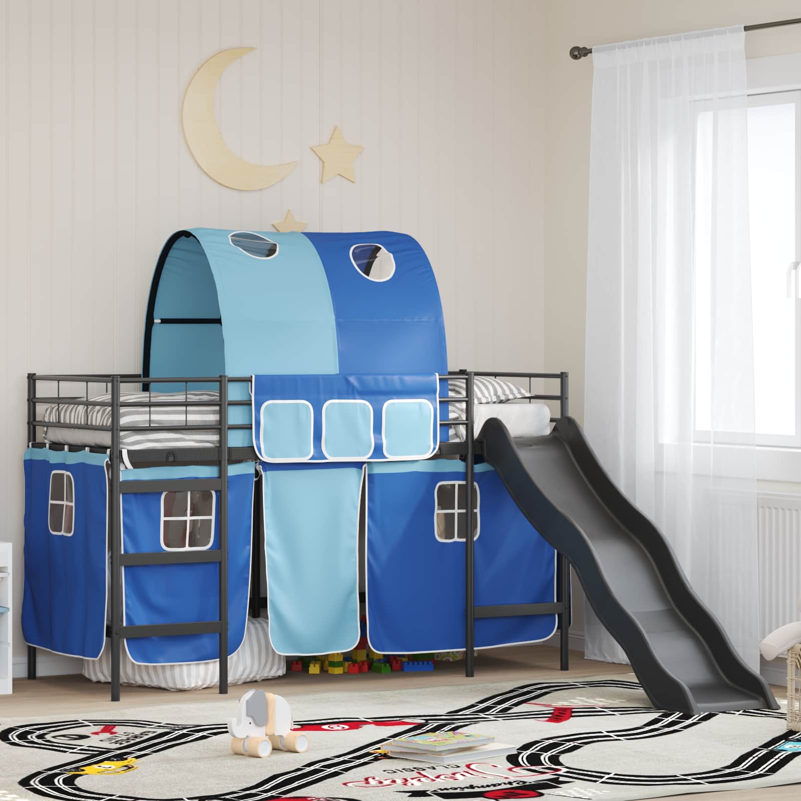 Etagenbett für Kinder mit Vorhängen Uni Schwarz und Blau Metall