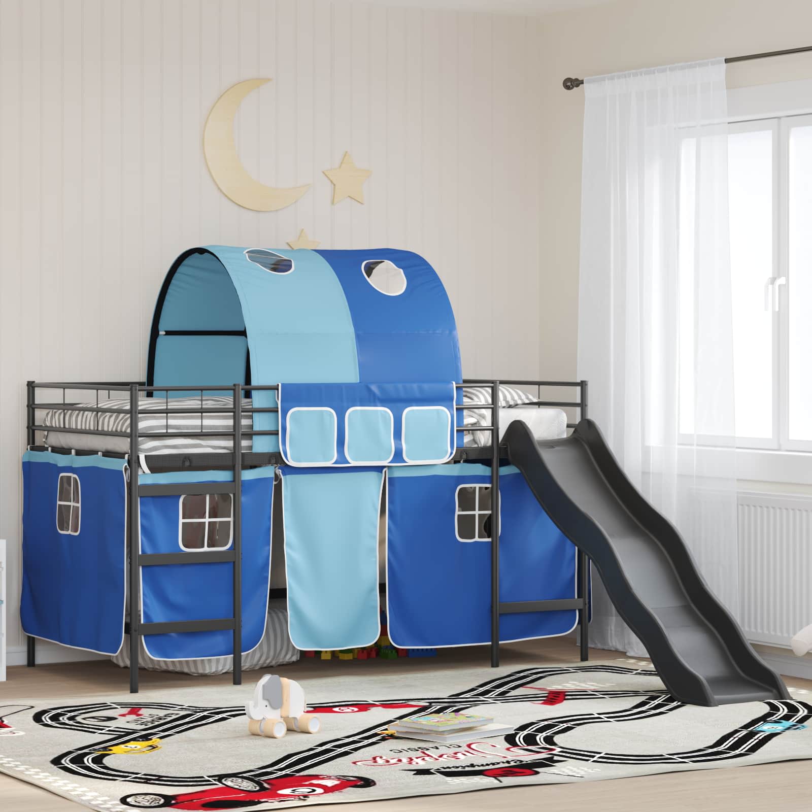 Etagenbett für Kinder mit Vorhängen Uni Schwarz und Blau Metall