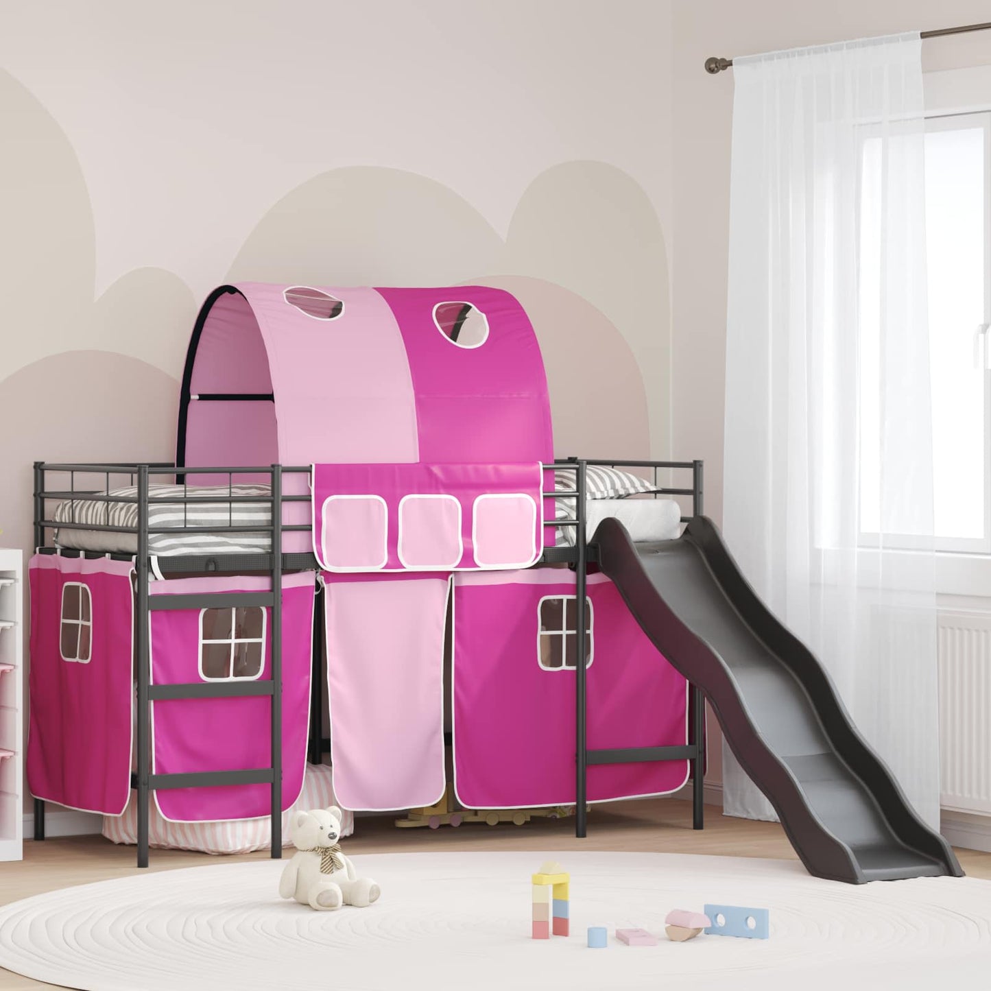 Etagenbett für Kinder mit Vorhängen Uni Schwarz und Pink Metall