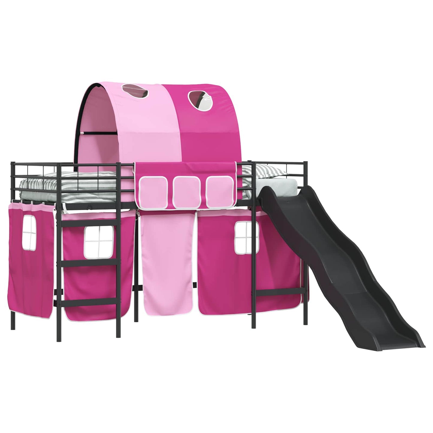 Etagenbett für Kinder mit Vorhängen Uni Schwarz und Pink Metall
