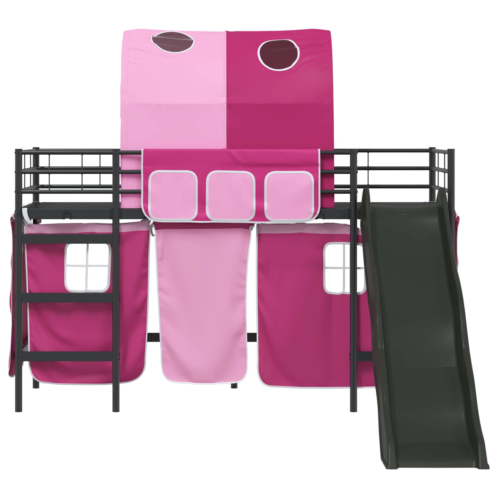 Etagenbett für Kinder mit Vorhängen Uni Schwarz und Pink Metall