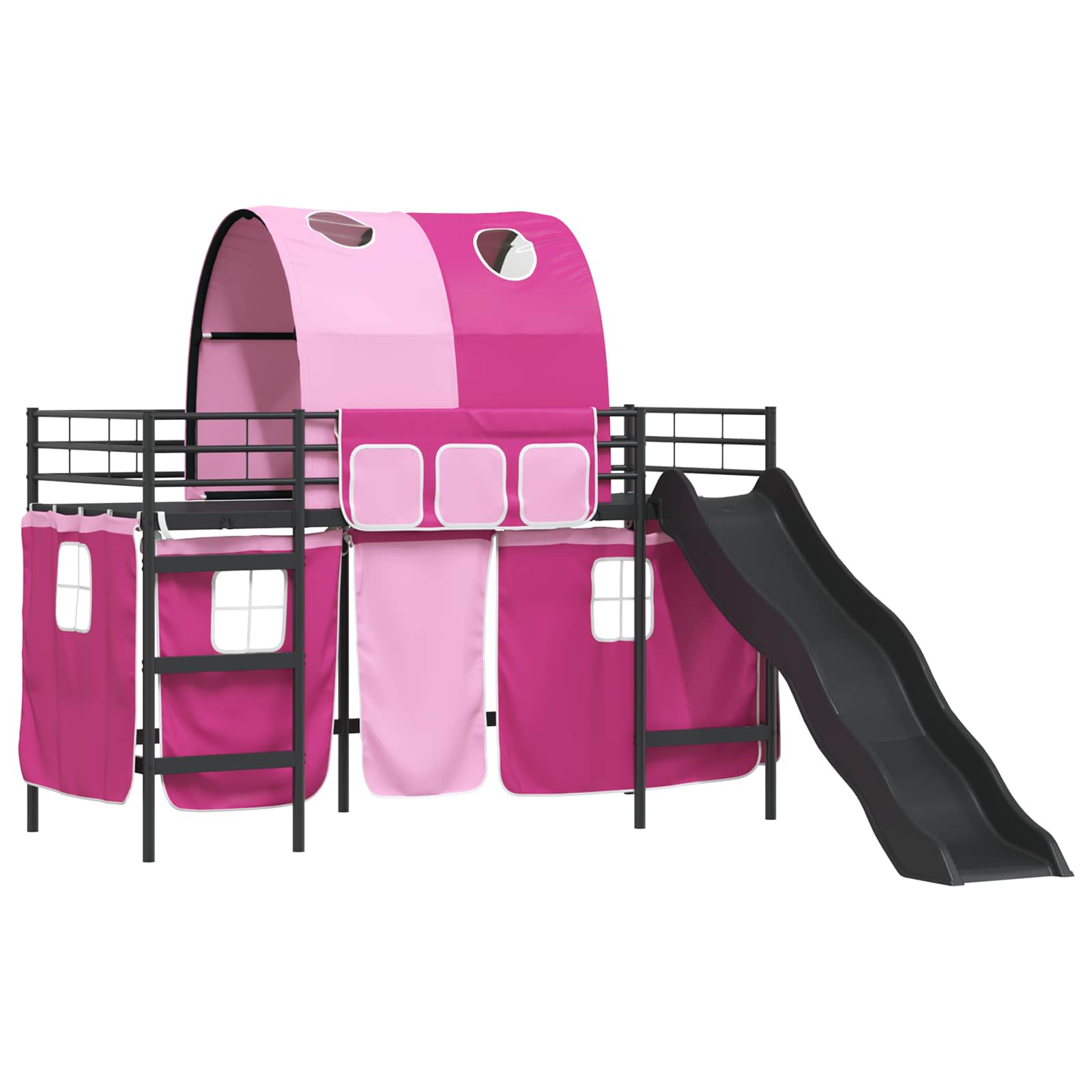 Etagenbett für Kinder mit Vorhängen Uni Schwarz und Pink Metall