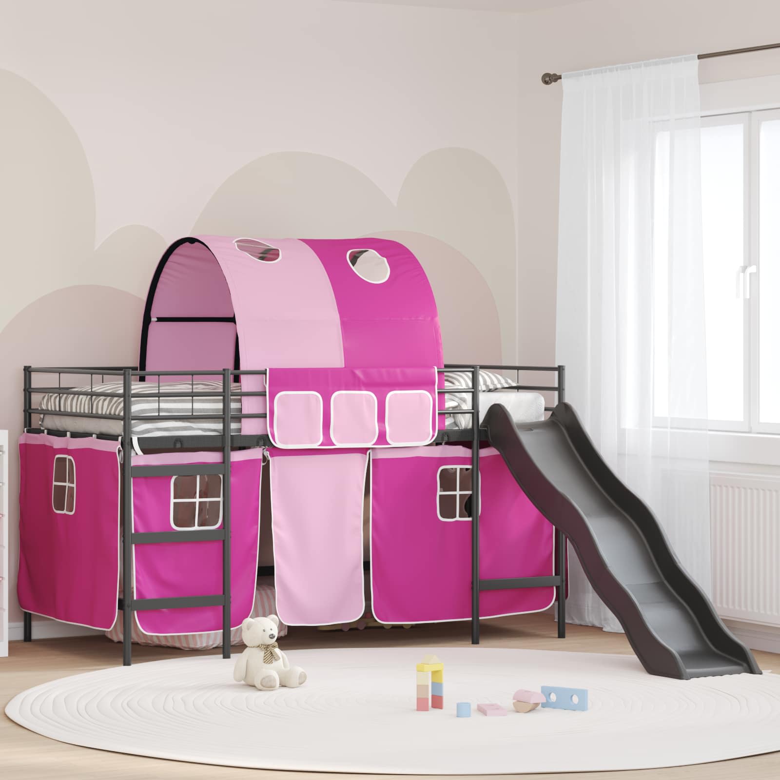 Etagenbett für Kinder mit Vorhängen Uni Schwarz und Pink Metall