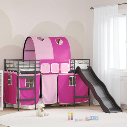 Etagenbett für Kinder mit Vorhängen Uni Schwarz und Pink Metall