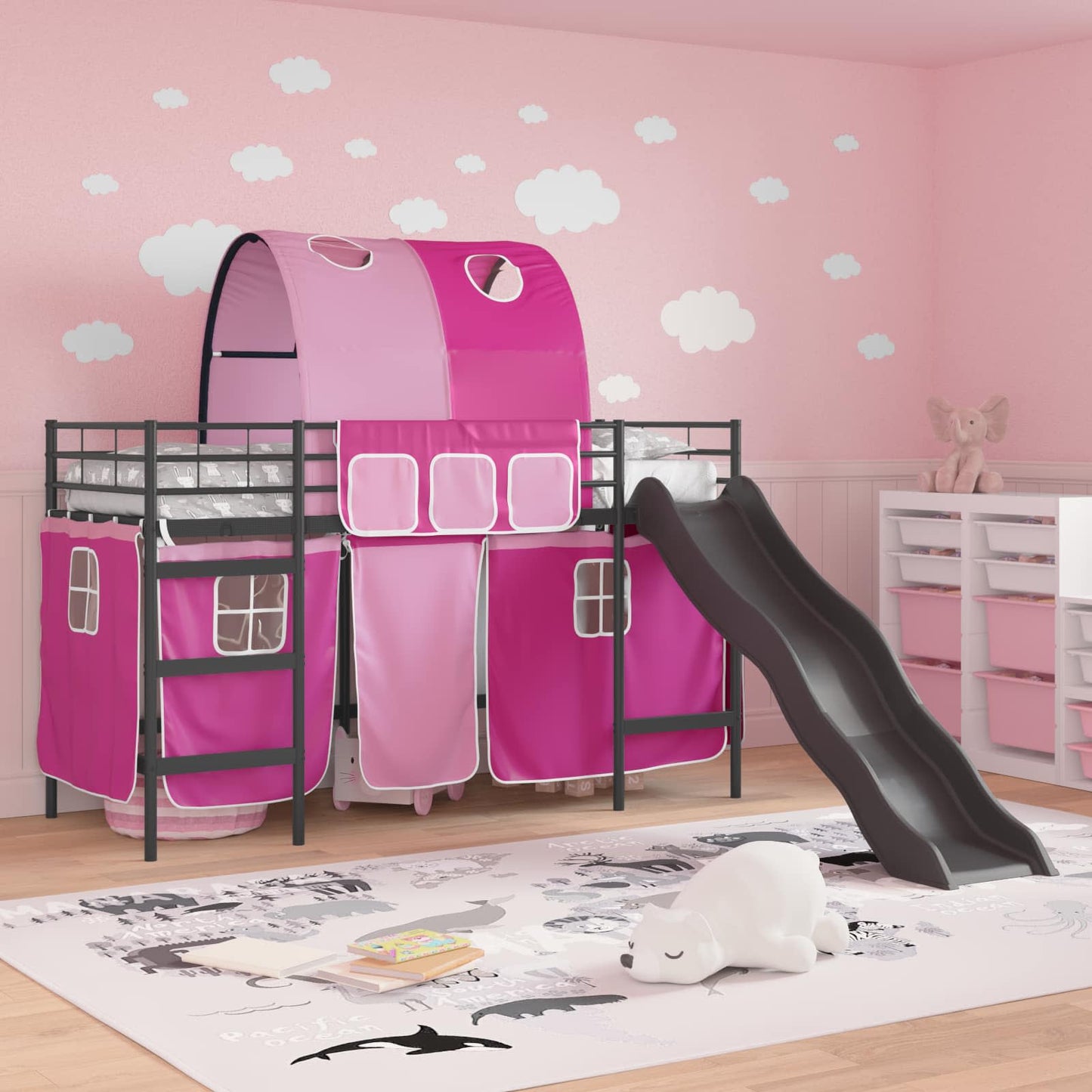 Etagenbett für Kinder mit Vorhängen Uni Schwarz und Pink Metall