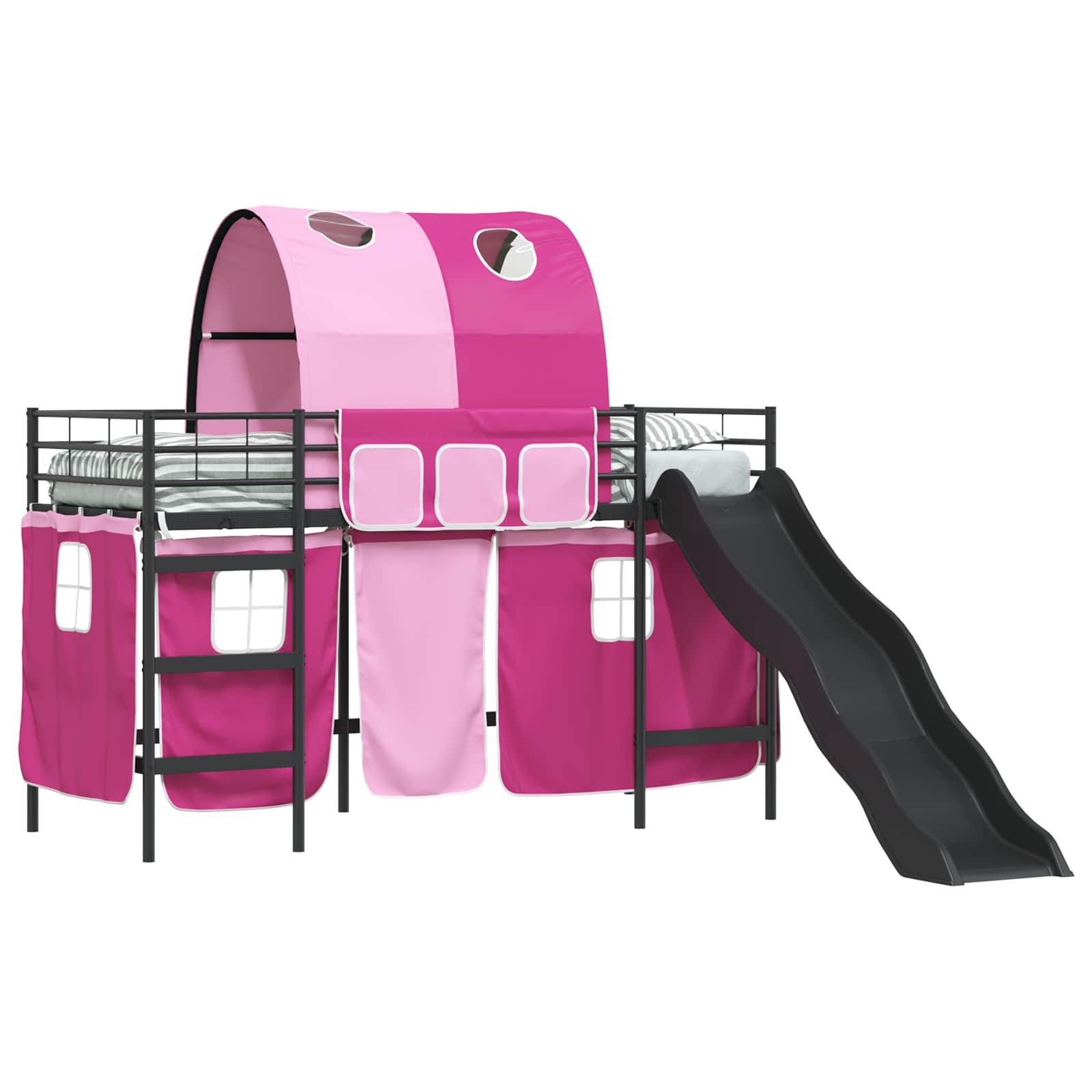 Etagenbett für Kinder mit Vorhängen Uni Schwarz und Pink Metall
