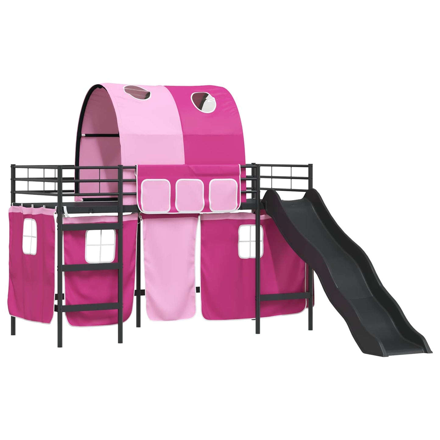 Etagenbett für Kinder mit Vorhängen Uni Schwarz und Pink Metall