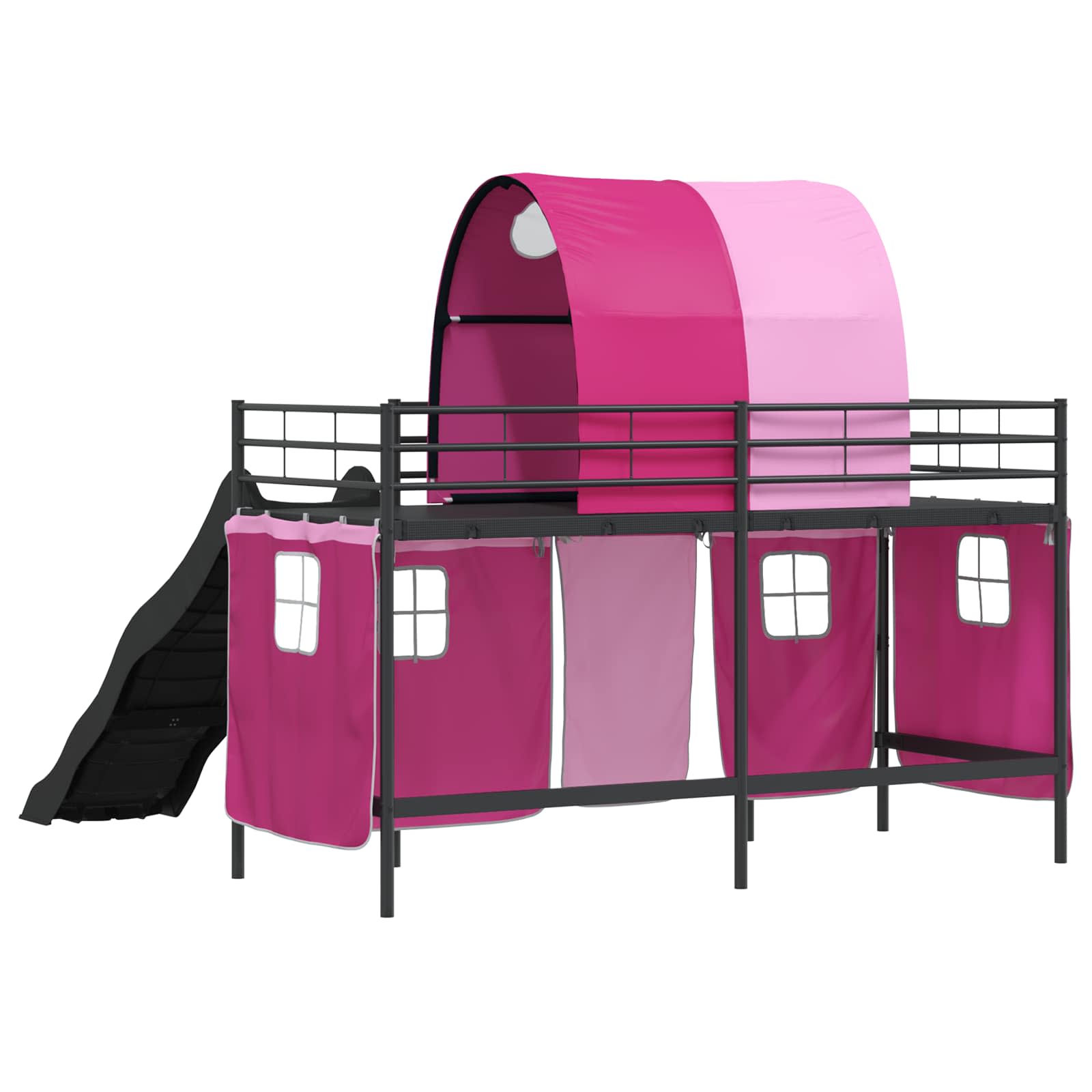 Etagenbett für Kinder mit Vorhängen Uni Schwarz und Pink Metall
