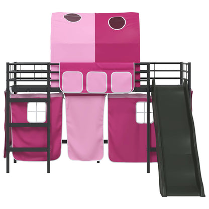 Etagenbett für Kinder mit Vorhängen Uni Schwarz und Pink Metall