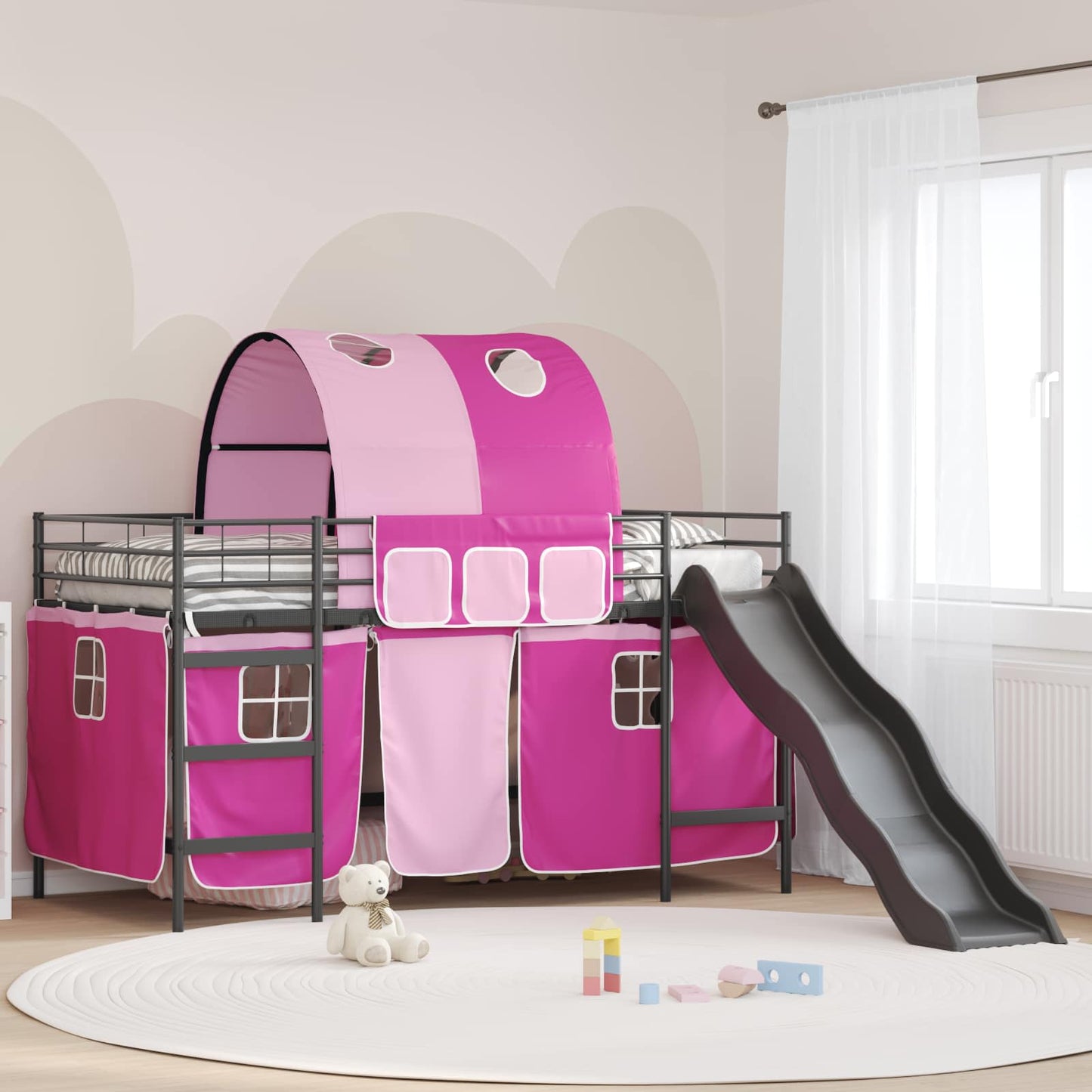 Etagenbett für Kinder mit Vorhängen Uni Schwarz und Pink Metall
