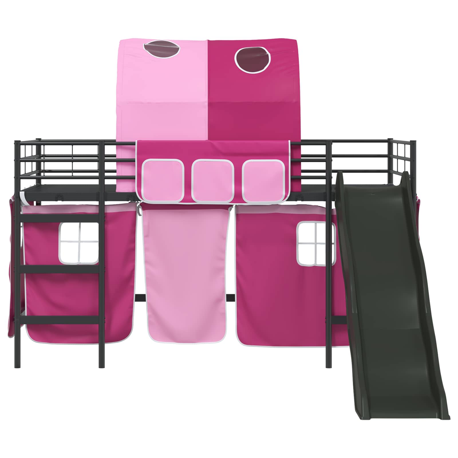 Etagenbett für Kinder mit Vorhängen Uni Schwarz und Pink Metall