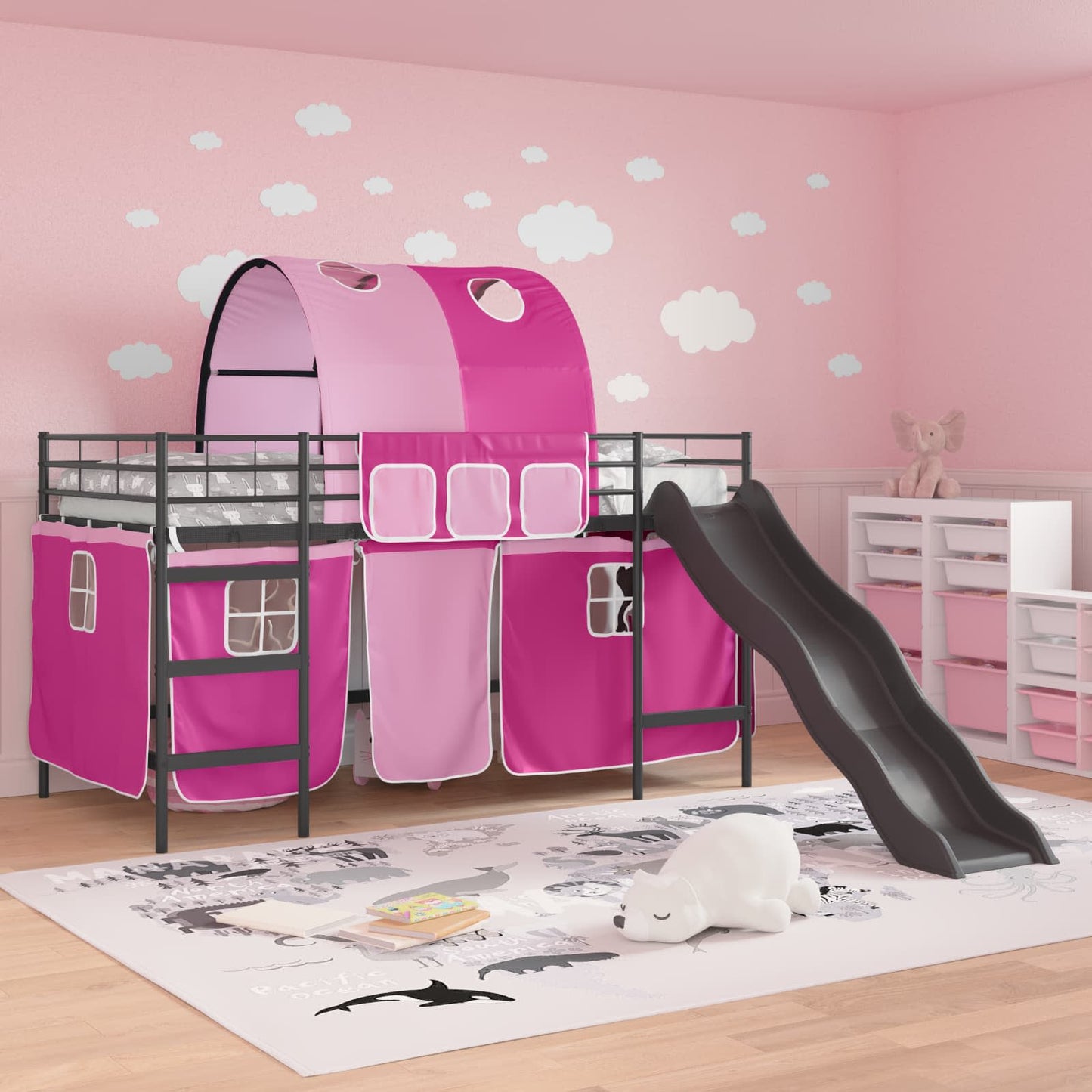 Etagenbett für Kinder mit Vorhängen Uni Schwarz und Pink Metall
