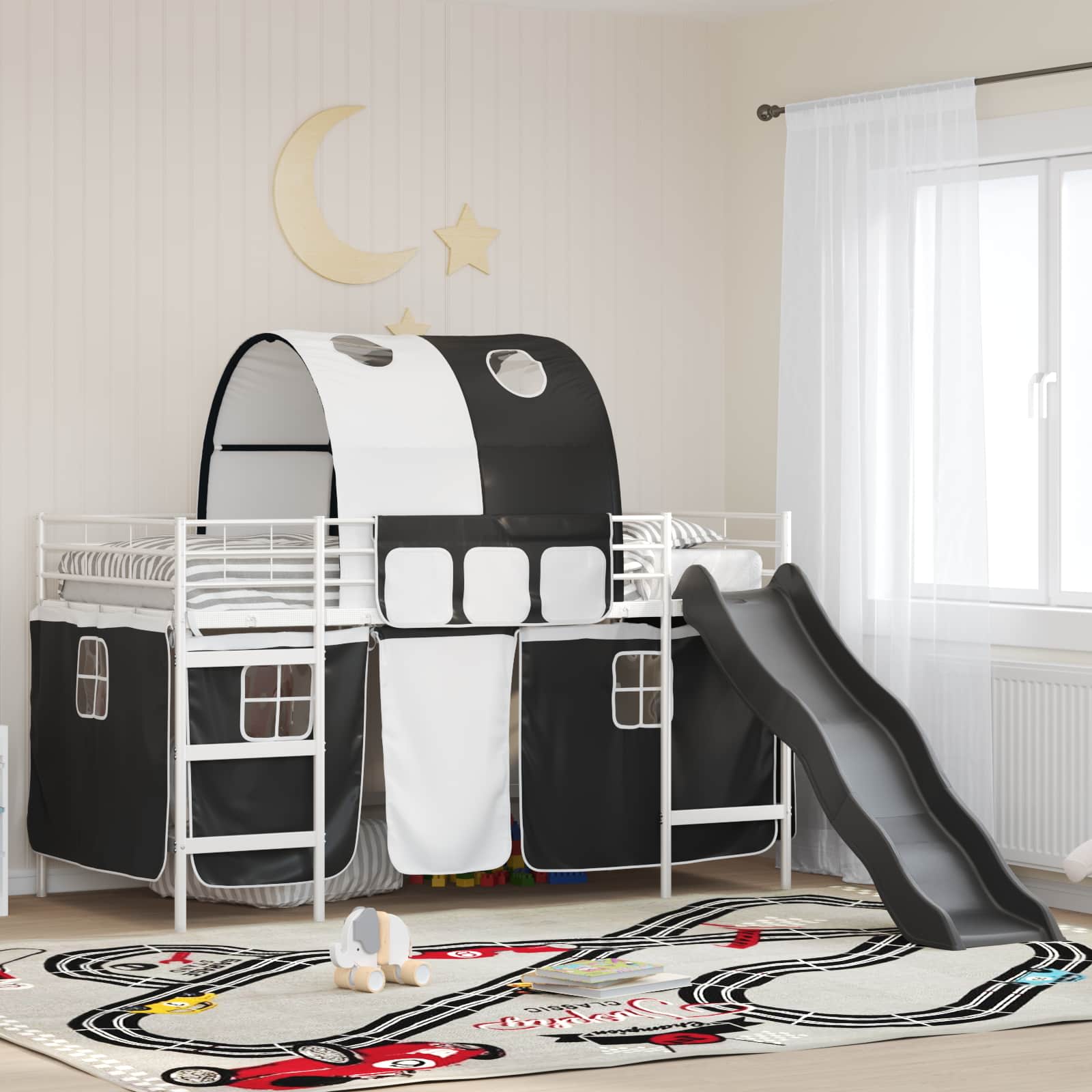 Etagenbett für Kinder mit Vorhängen Uni Weiß und Schwarz Metall