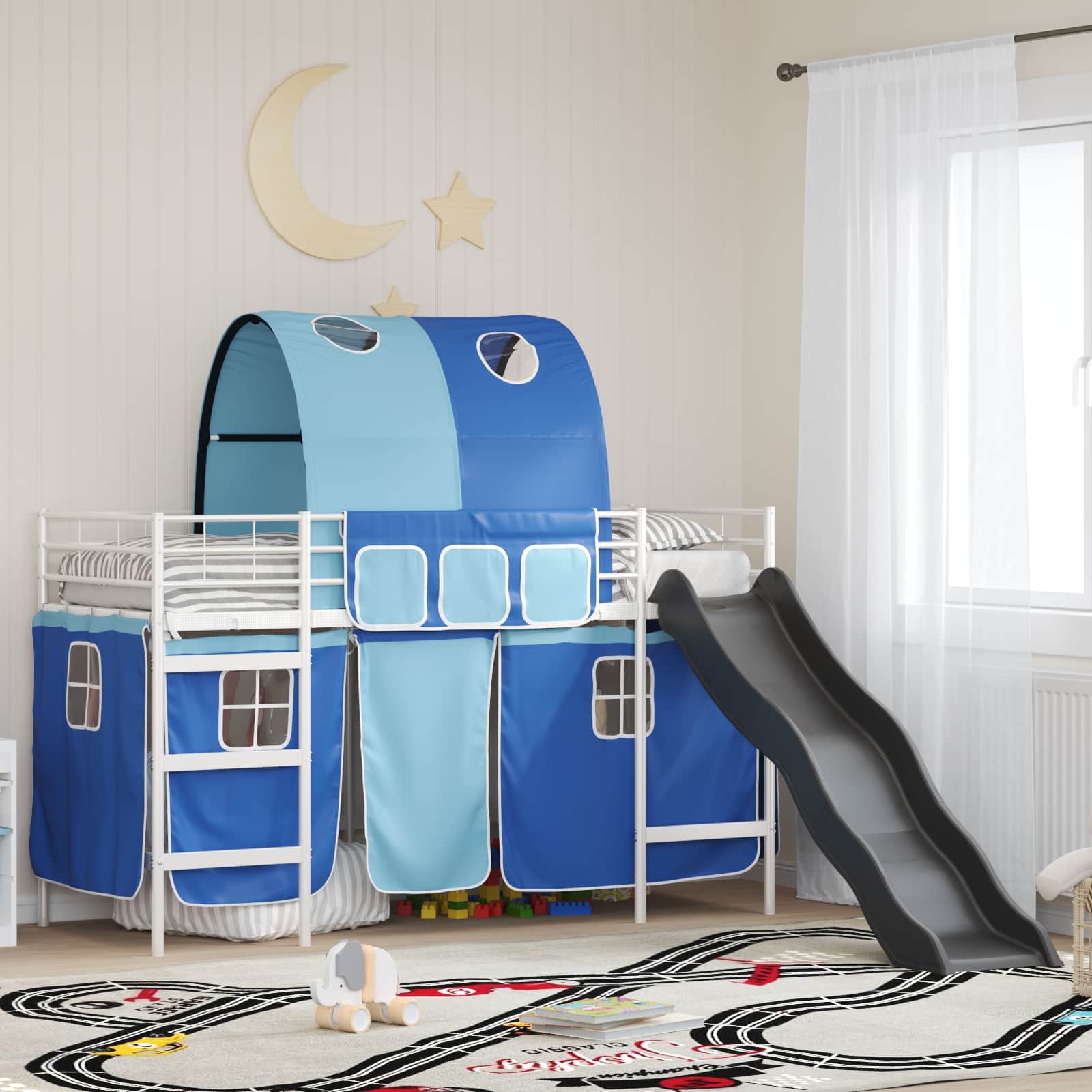 Etagenbett für Kinder mit Vorhängen Weiß und Blau 75 x 190 cm