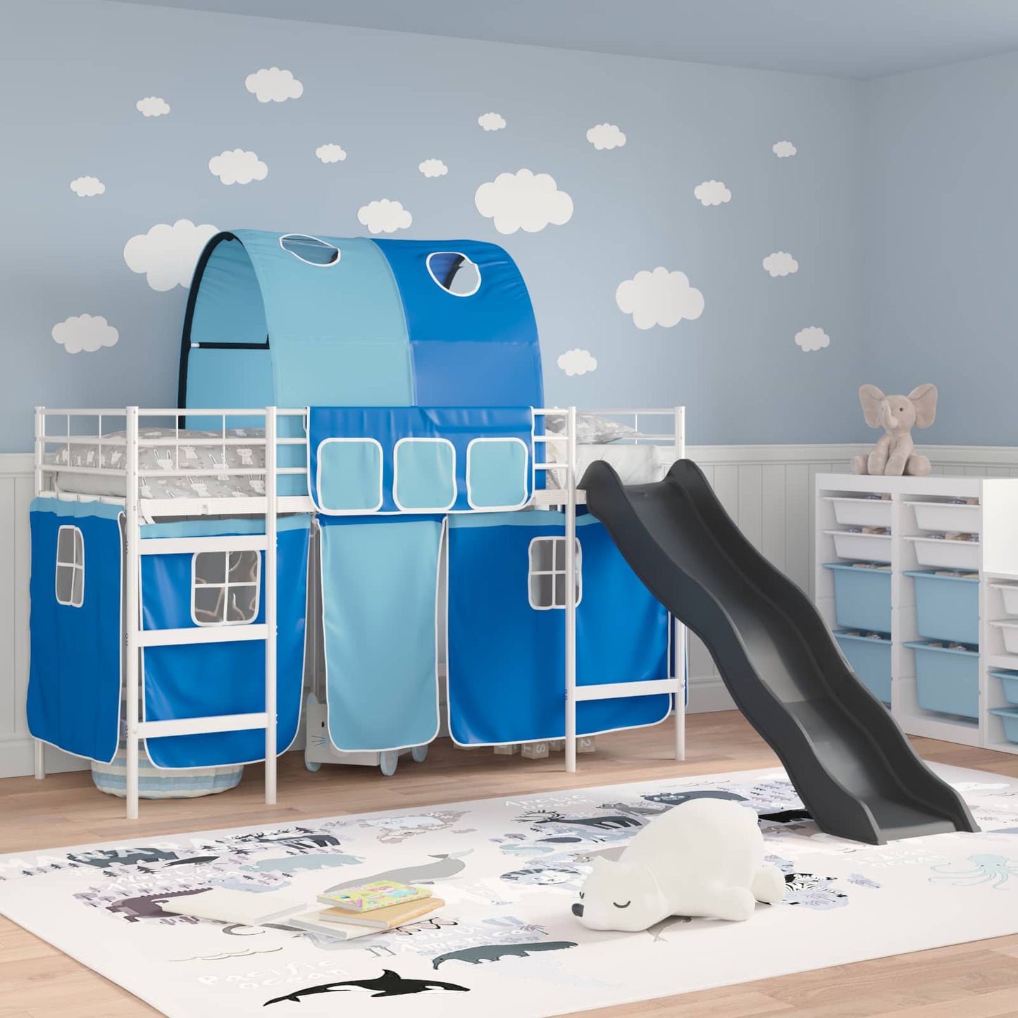 Etagenbett für Kinder mit Vorhängen Weiß und Blau 75 x 190 cm