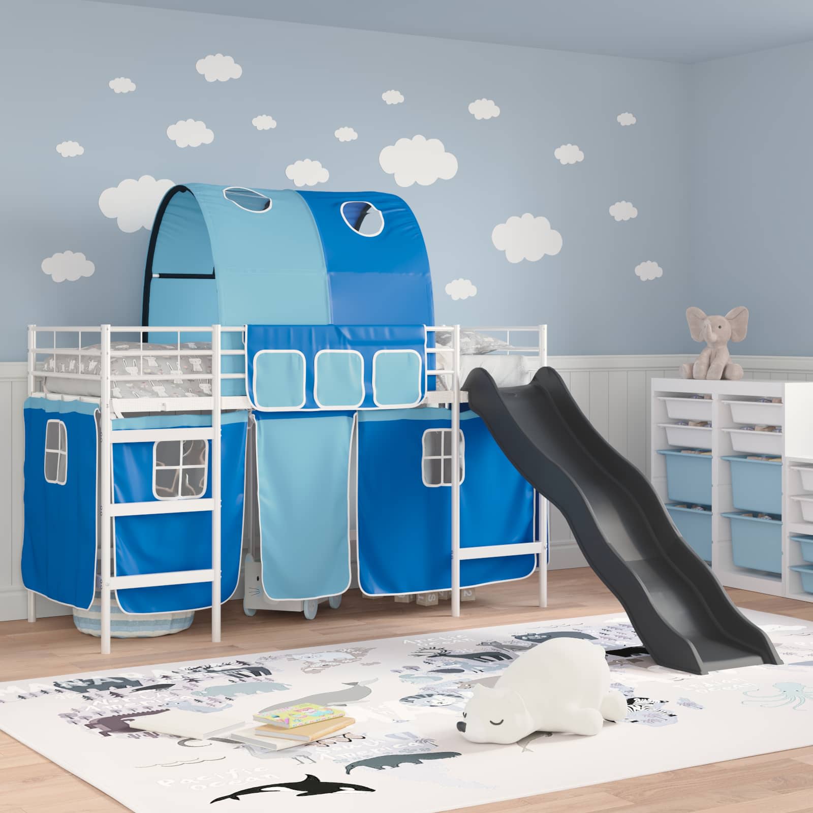 Etagenbett für Kinder mit Vorhängen Weiß und Blau 90 x 190 cm