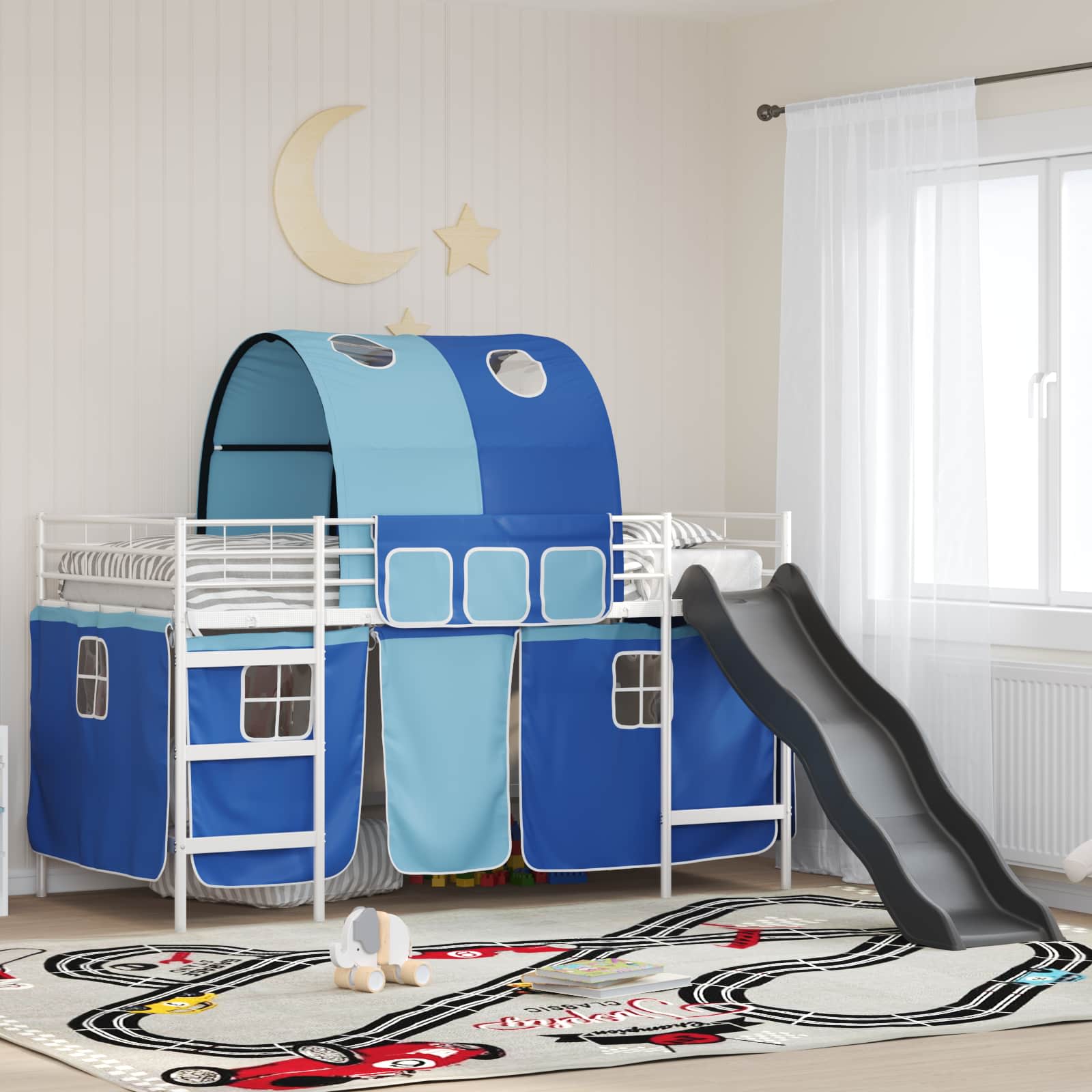 Etagenbett für Kinder mit Vorhängen Weiß und Blau 90 x 200 cm