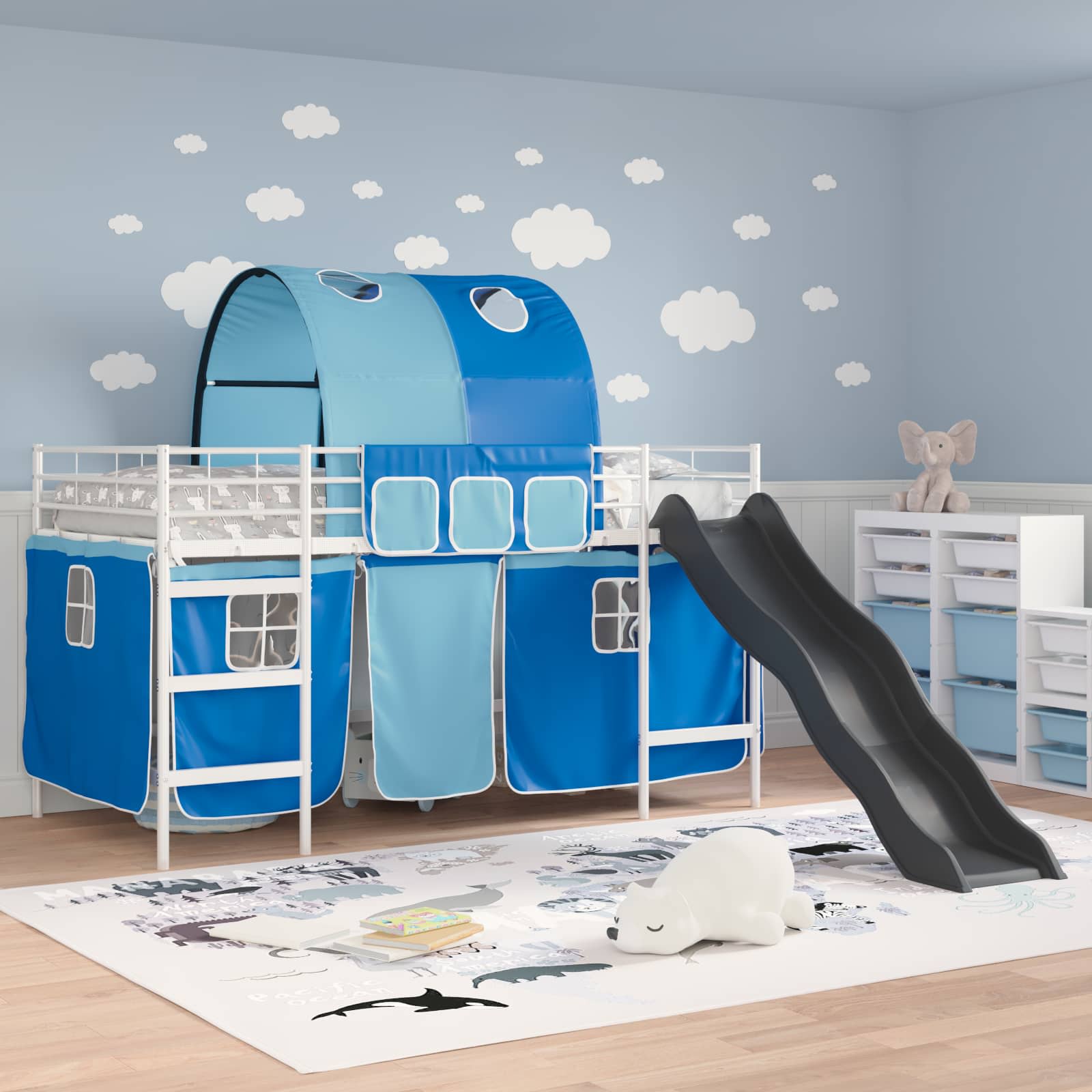 Etagenbett für Kinder mit Vorhängen Weiß und Blau 90 x 200 cm
