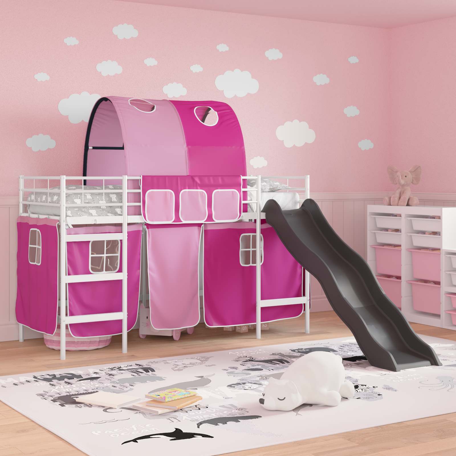 Etagenbett für Kinder mit Vorhängen Weiß und Rosa 75 x 190 cm