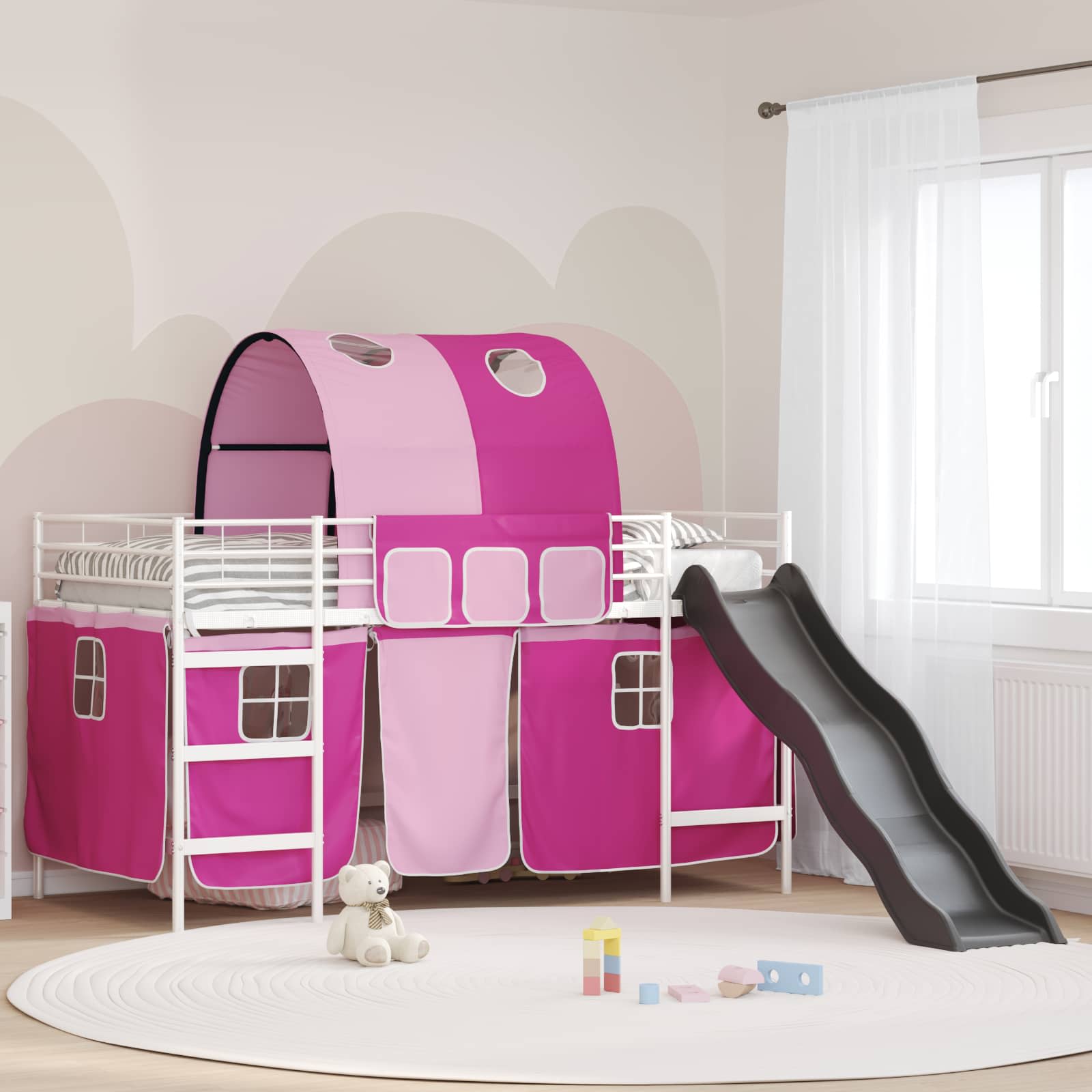 Etagenbett für Kinder mit Vorhängen Weiß und Rosa 80 x 200 cm