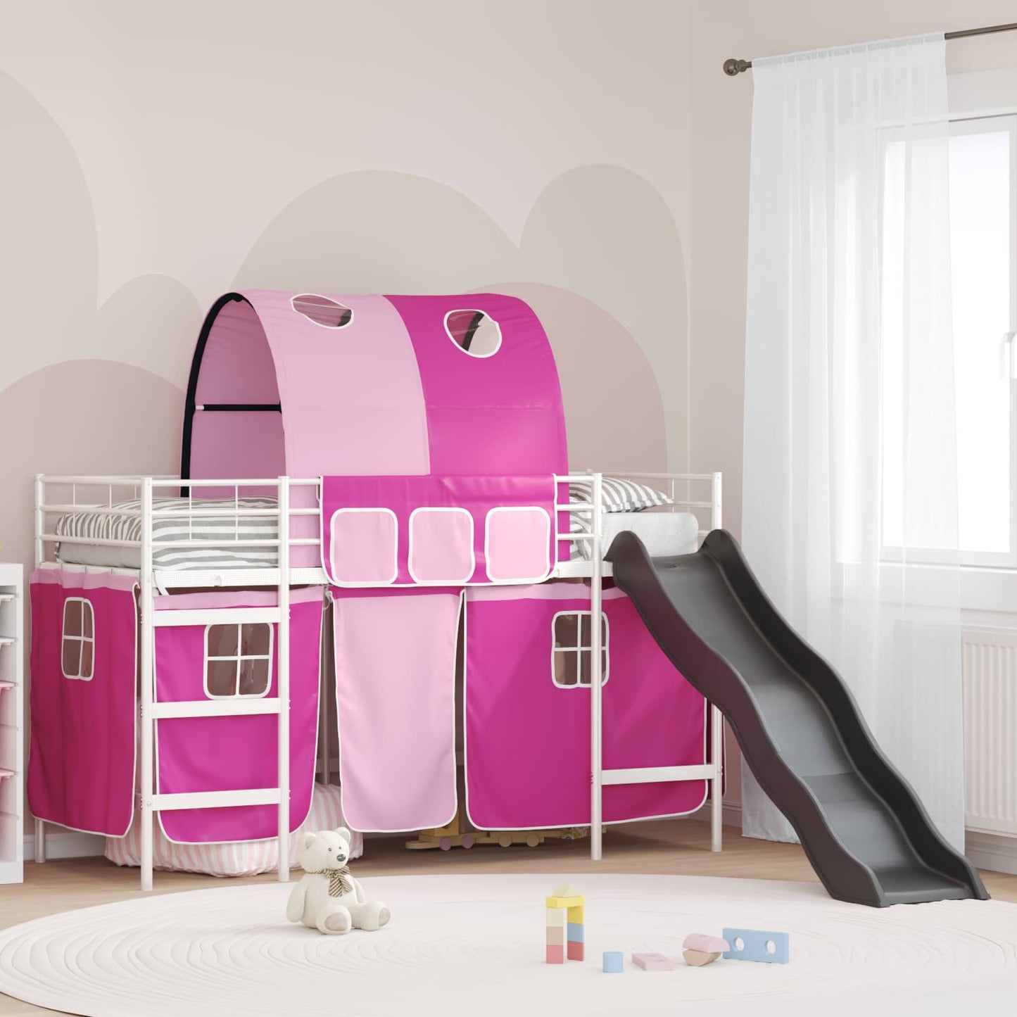 Etagenbett für Kinder mit Vorhängen Weiß und Rosa 90 x 190 cm